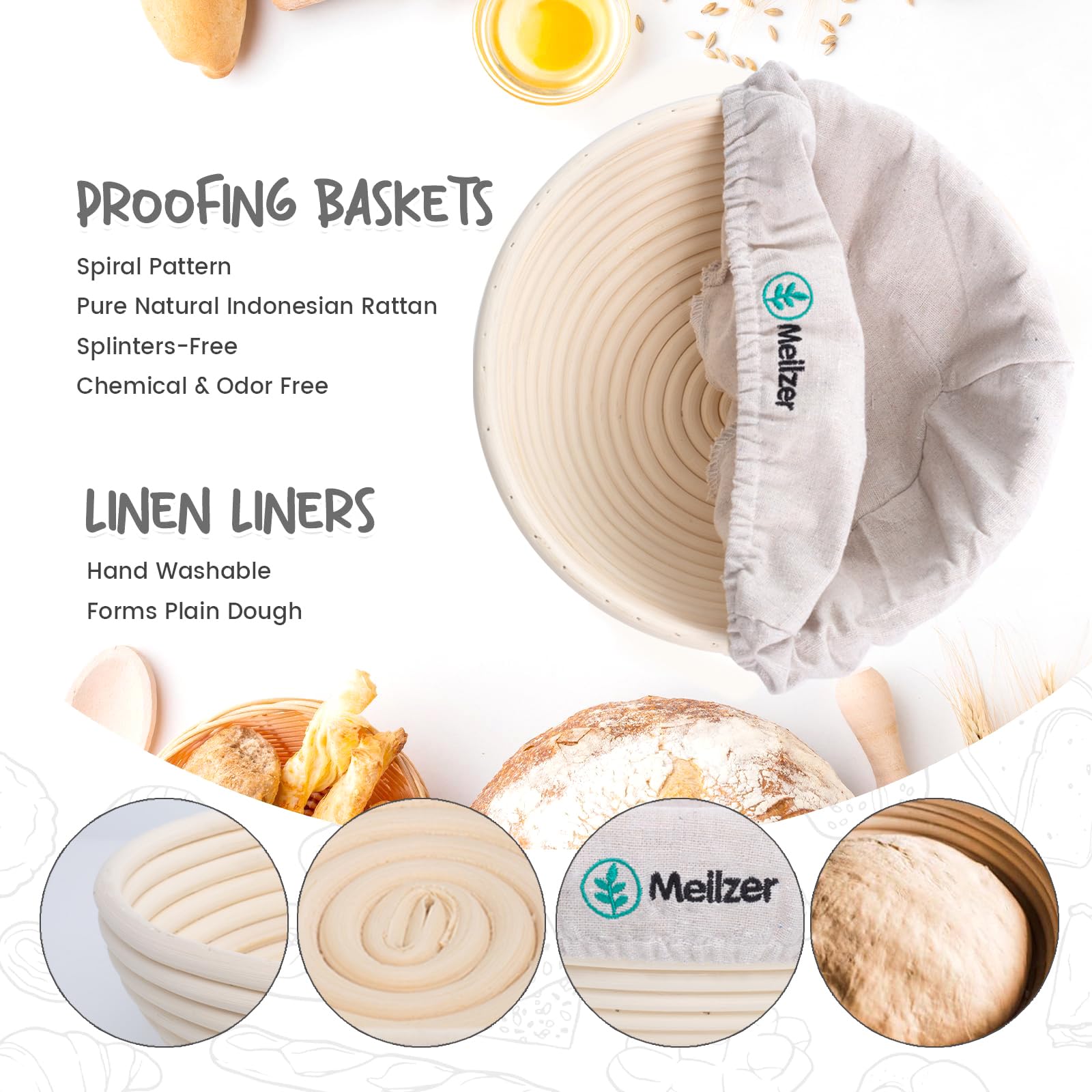 Meilzer Banneton Bread Proofing Basket Gift Set,Round 10'' & Oval 10'' Sourdough Bowls With Cotton And Linen Liner And Other Bre