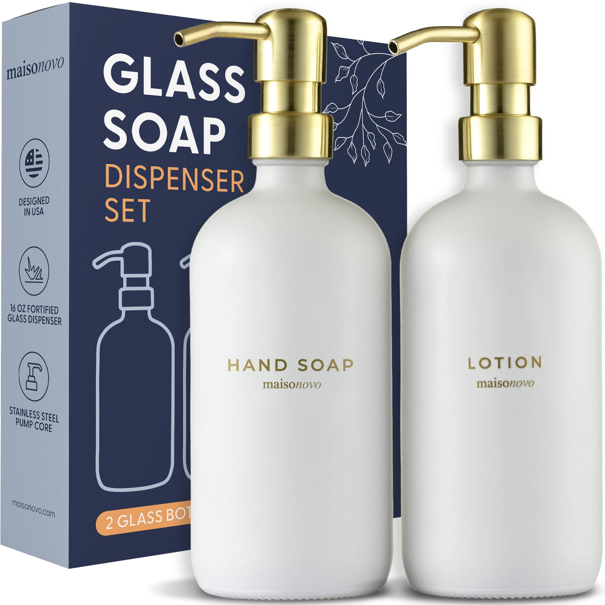 Maisonovo Bathroom Soap And Lotion Dispenser Set | 16.9 Fl Oz White Glass Gold Pumps X 2
