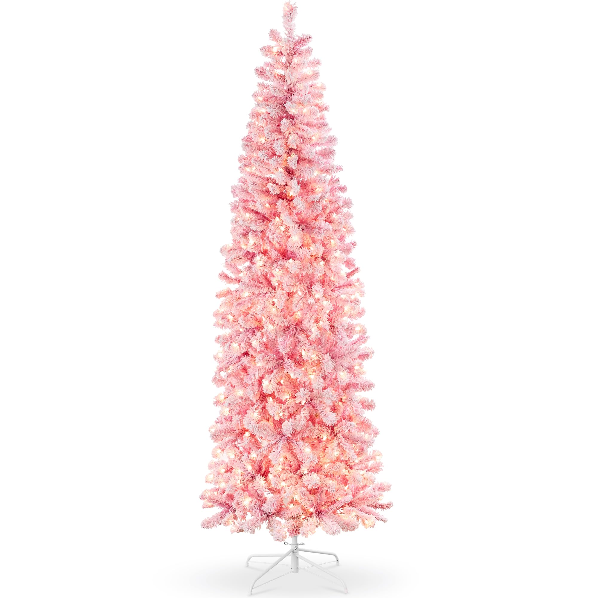 Best Choice Products Flocked Pink Pencil Christmas Tree, Pre-Lit Slim Artificial Holiday Decoration, 7.5ft Lighted Skinny w/Base