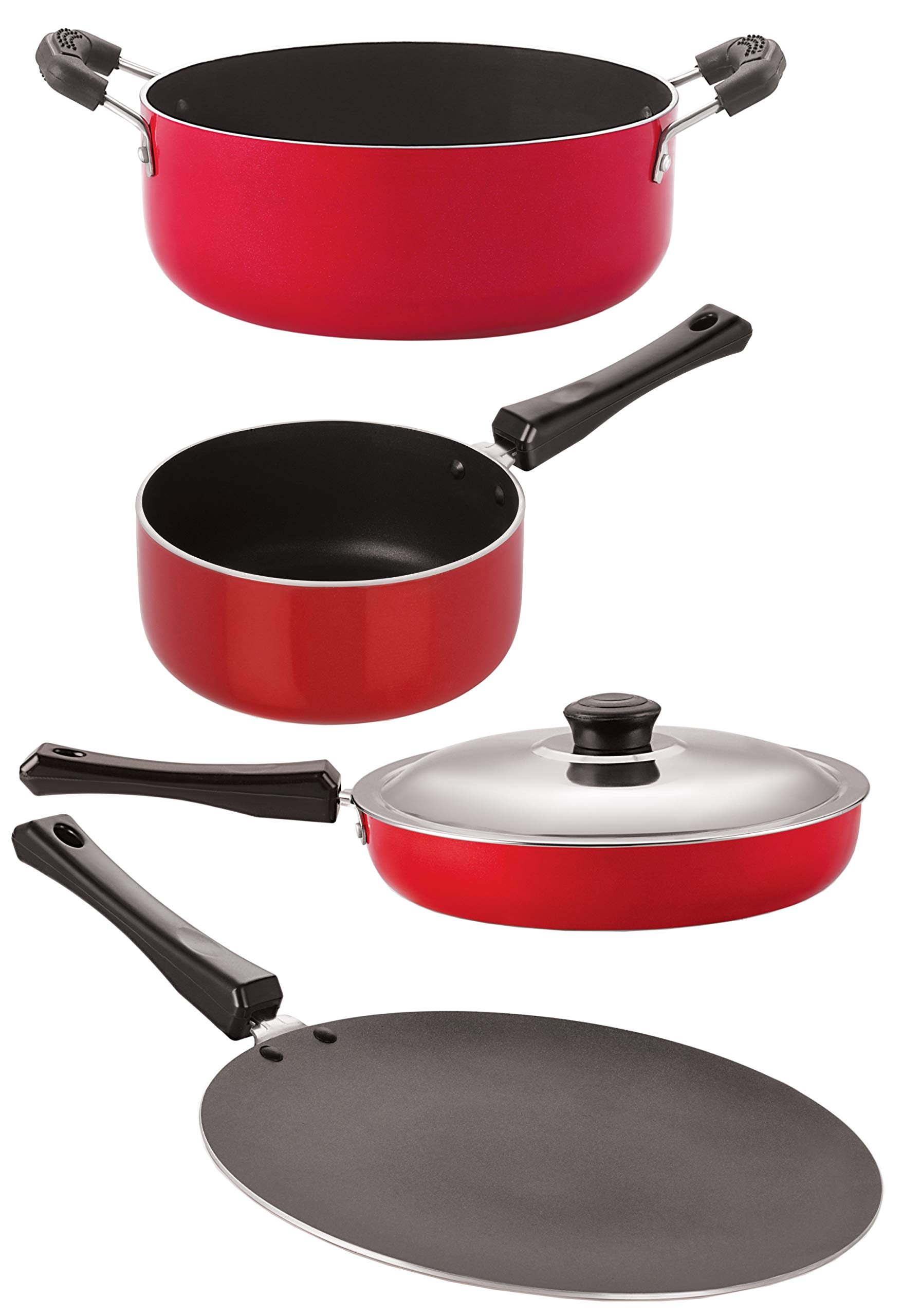 Nirlon Gas Compatible Non Stick Aluminium Cookware Set,4 Pieces (Red & Black) (Ct12_Fp12_Sp(B)_Cs24)