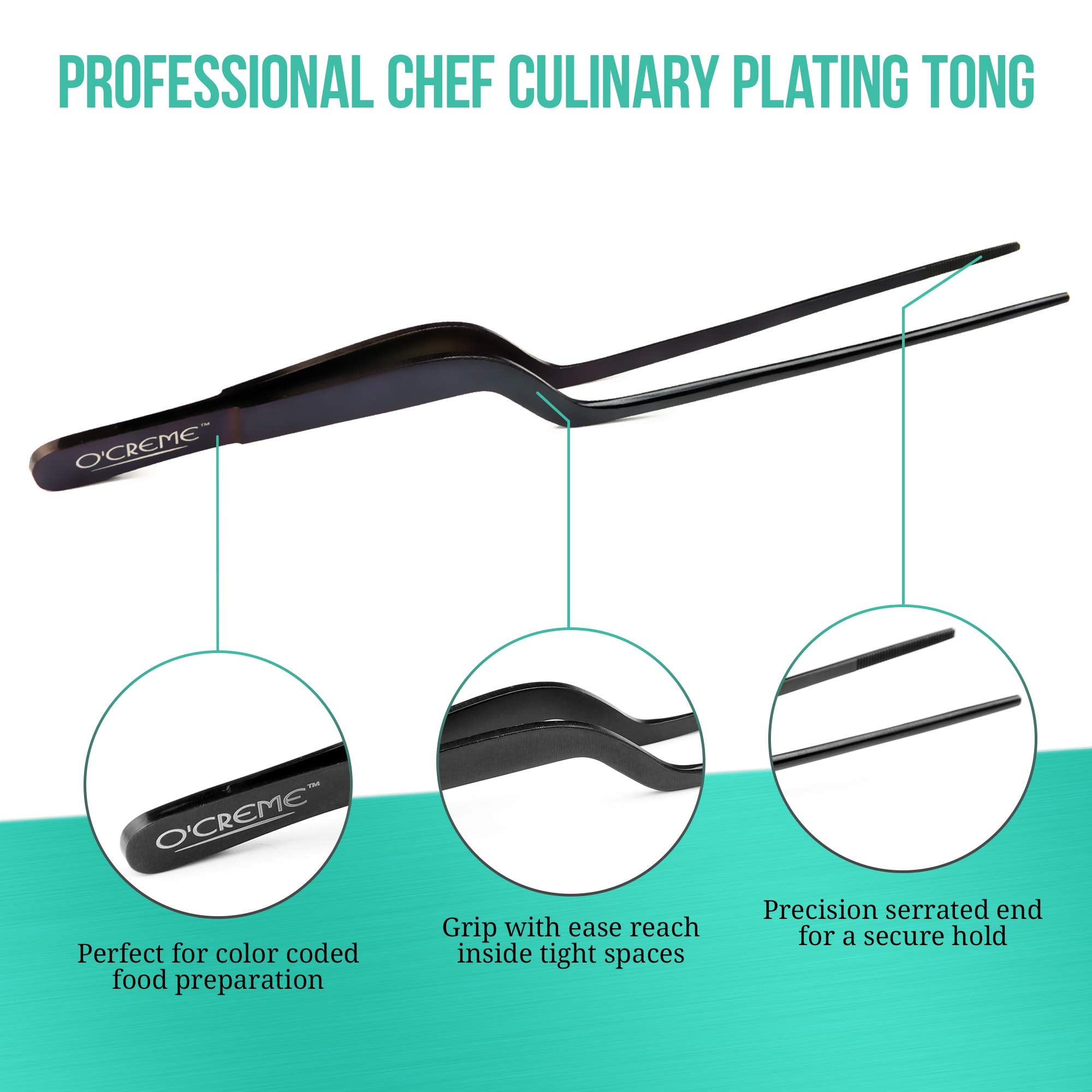 O'Creme Culinary Stainless Steel Tweezer Tongs Set of 2 - One 10 Inch Straight and One 8 Inch Offset (Silver)
