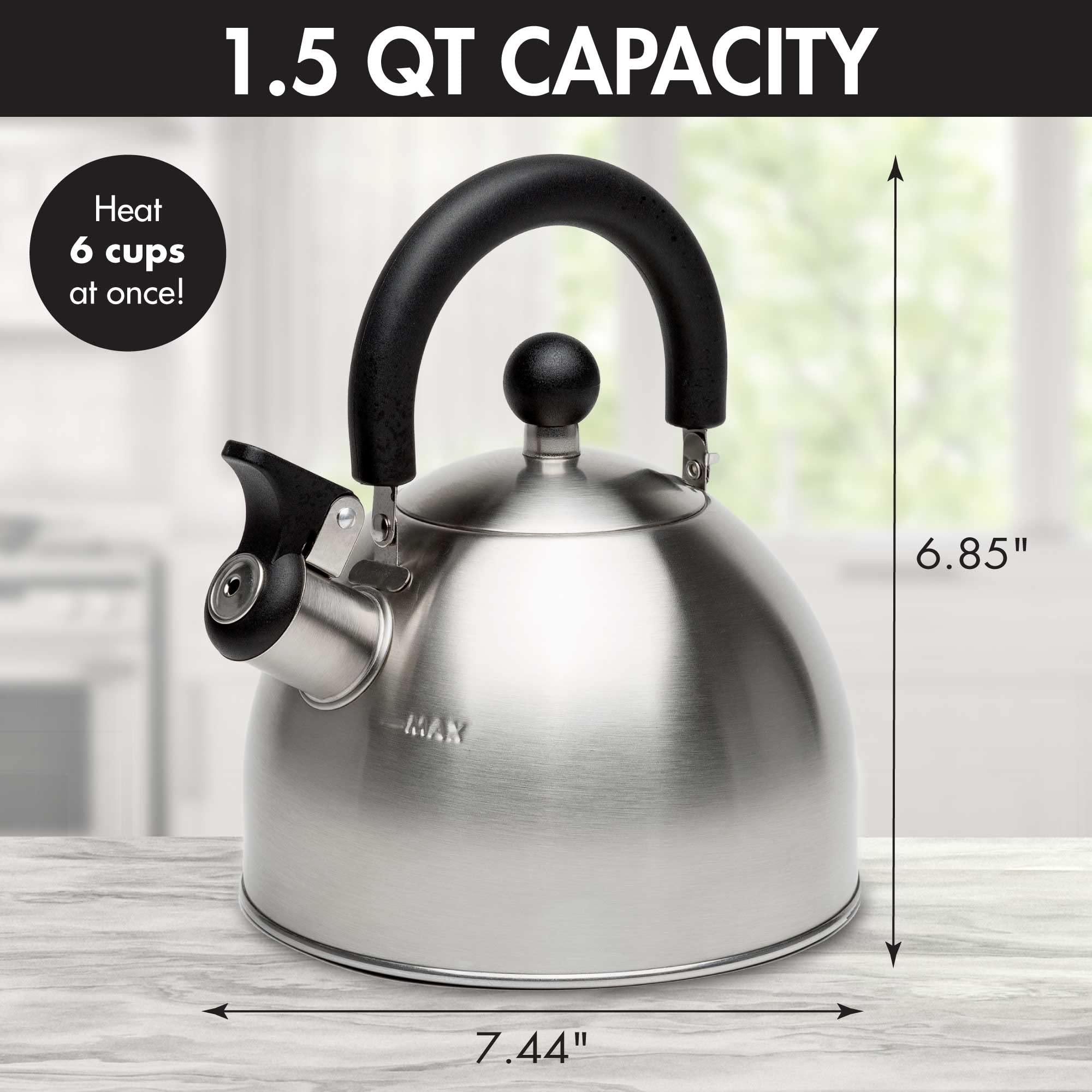 Primula Stewart Whistling Stovetop Tea Kettle Food Grade Stainless Steel, Hot Water Fast To Boil, Cool Touch Folding, 1.5-Quart,