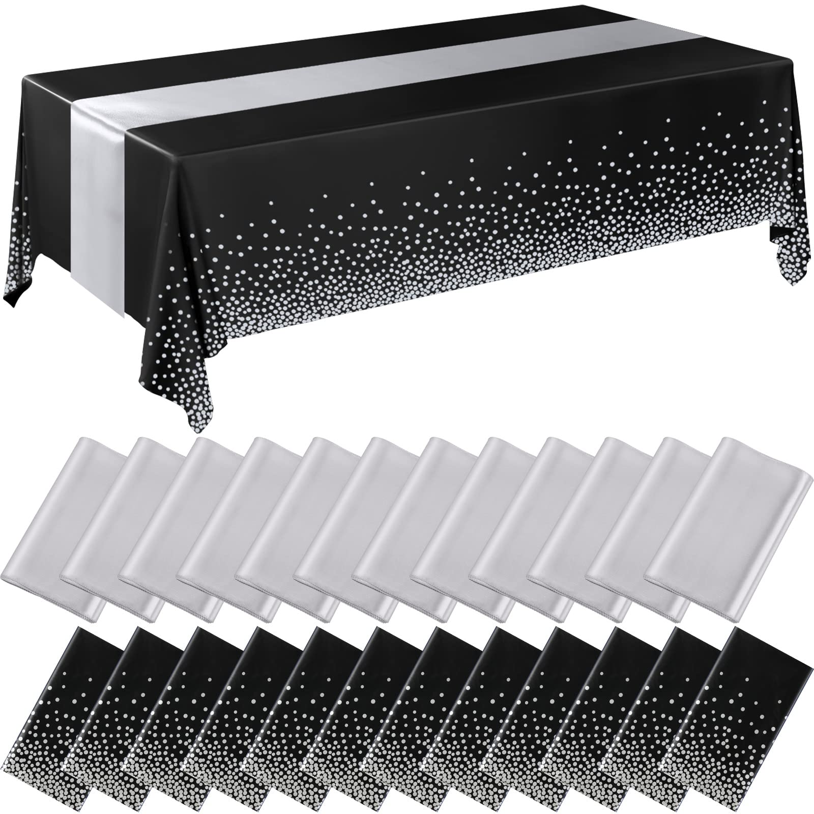 Breling 24 Packs Black and Silver Disposable Plastic Tablecloths and Satin Table Runner Set, 54 x 108 Inch Tablecloth, 12 x 108 