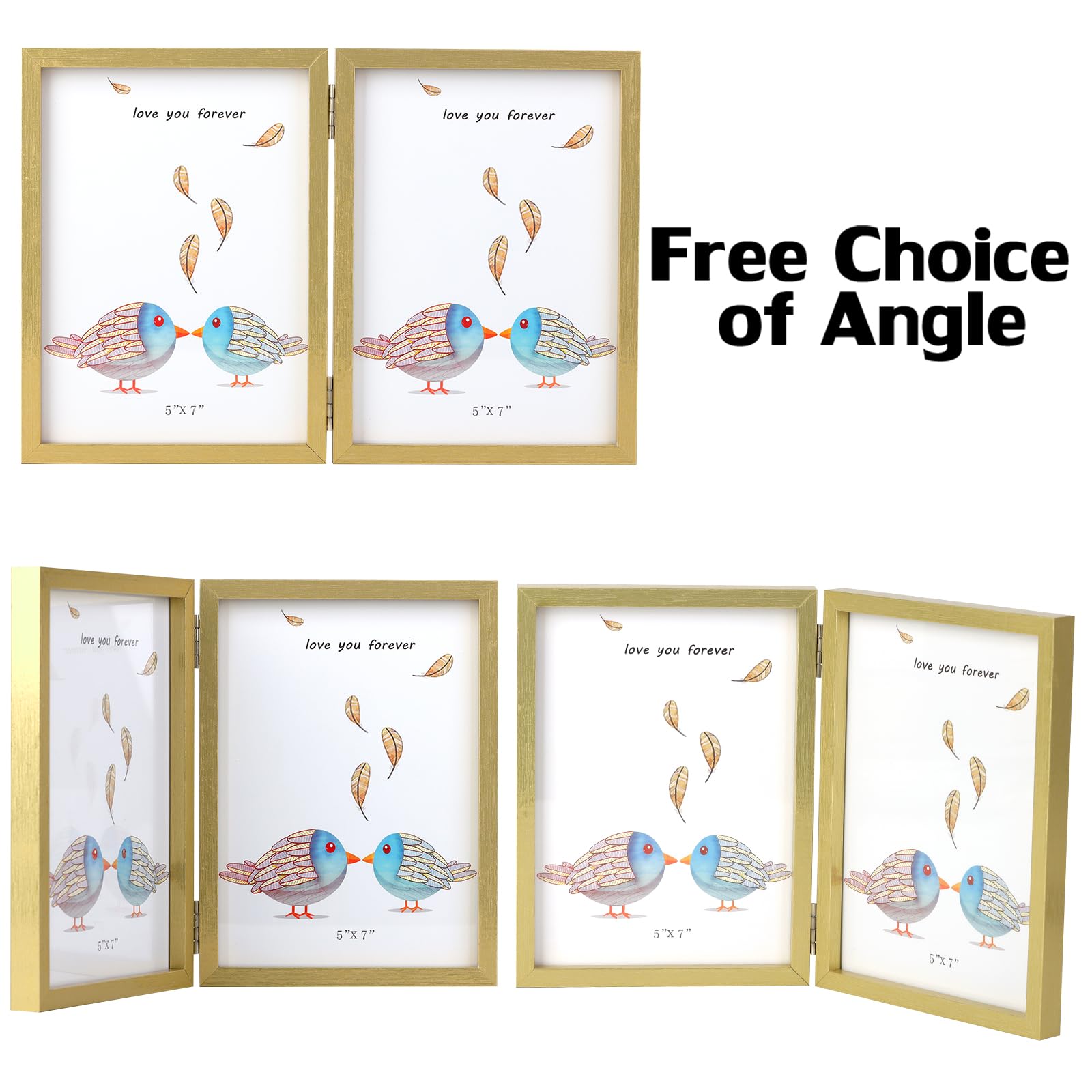 WUTL 5x7 Picture Frames Double Hinged MDF Golden with Glass Front Stand Vertical on Tabletop