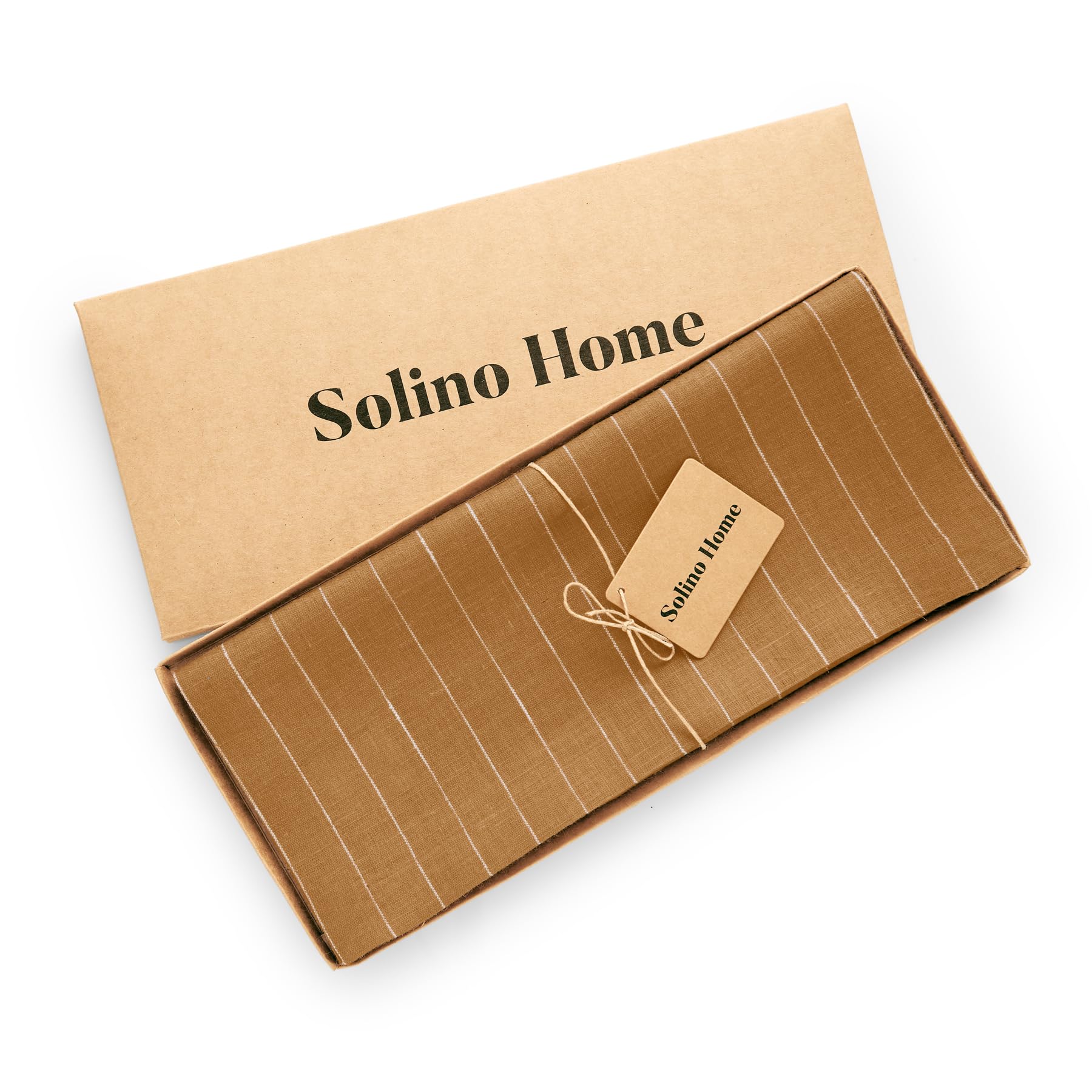Solino Home Pinstripe Linen Camel And White Table Runner 120 Inches Long - 100% Pure Linen Dining Table Runner 14 X 120 Inch Ide