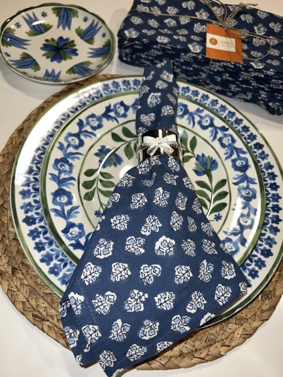 Taran Flower Print Cotton Dinner Napkins Set Of 12 | 18X18 Inches | 100% Natural, Reusable Linens For Dinner, Events, Weddings
