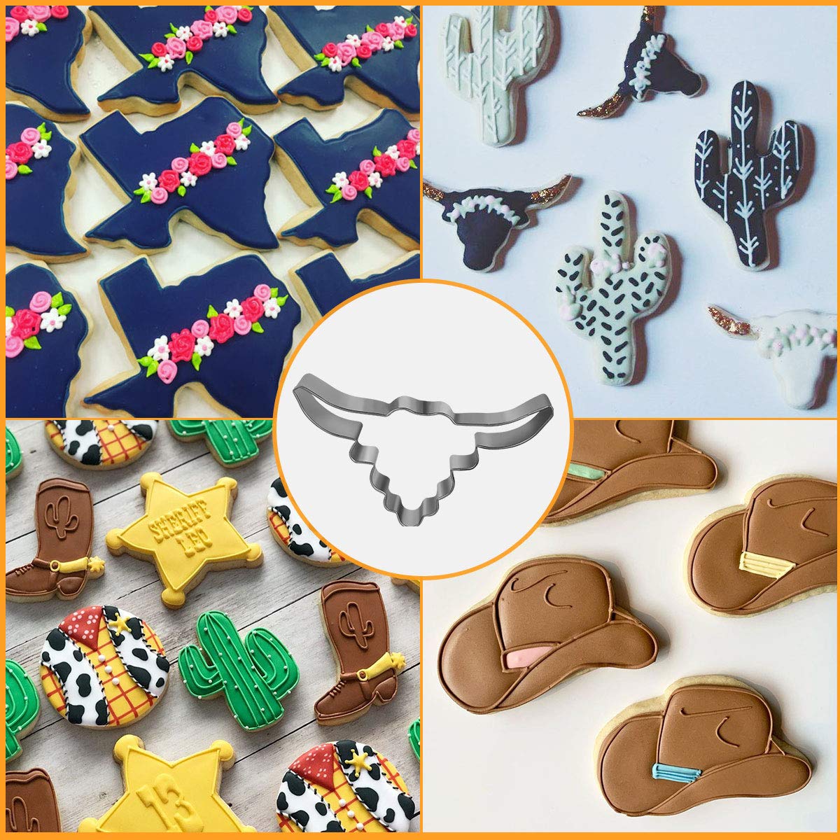 Aoerfes 6 Piece Cowboy Cowgirl Boot Texas Cutter Set, Western Cookie Cutters Cowboy Hat,Longhorn, Cactus Cutter Shaped Stainless