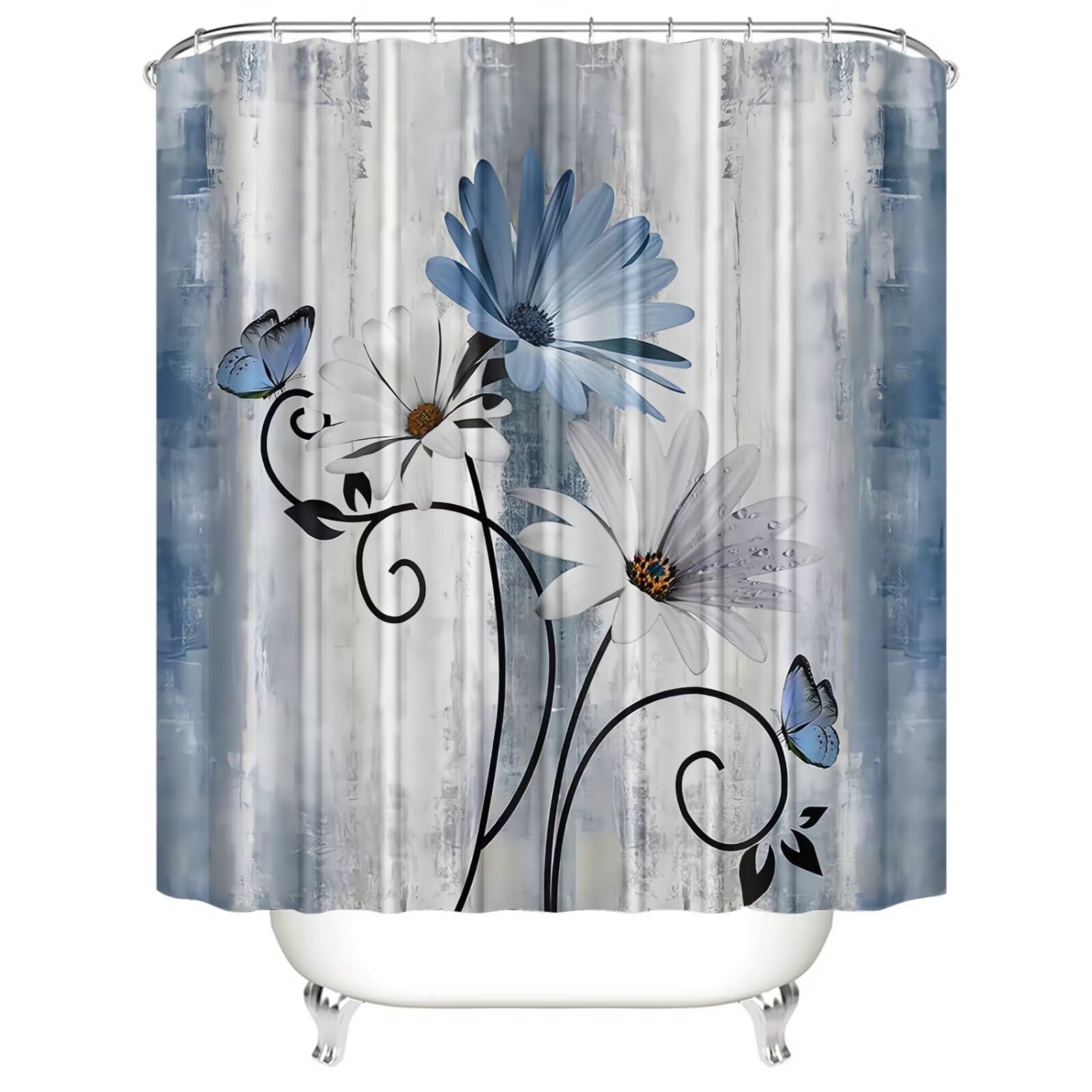 Azhm Blue Daisy Flower Shower Curtain Set 4Pcs Rustic Farmhouse Bathroom Decor Set With Shower Curtain And Rugs And Accessories