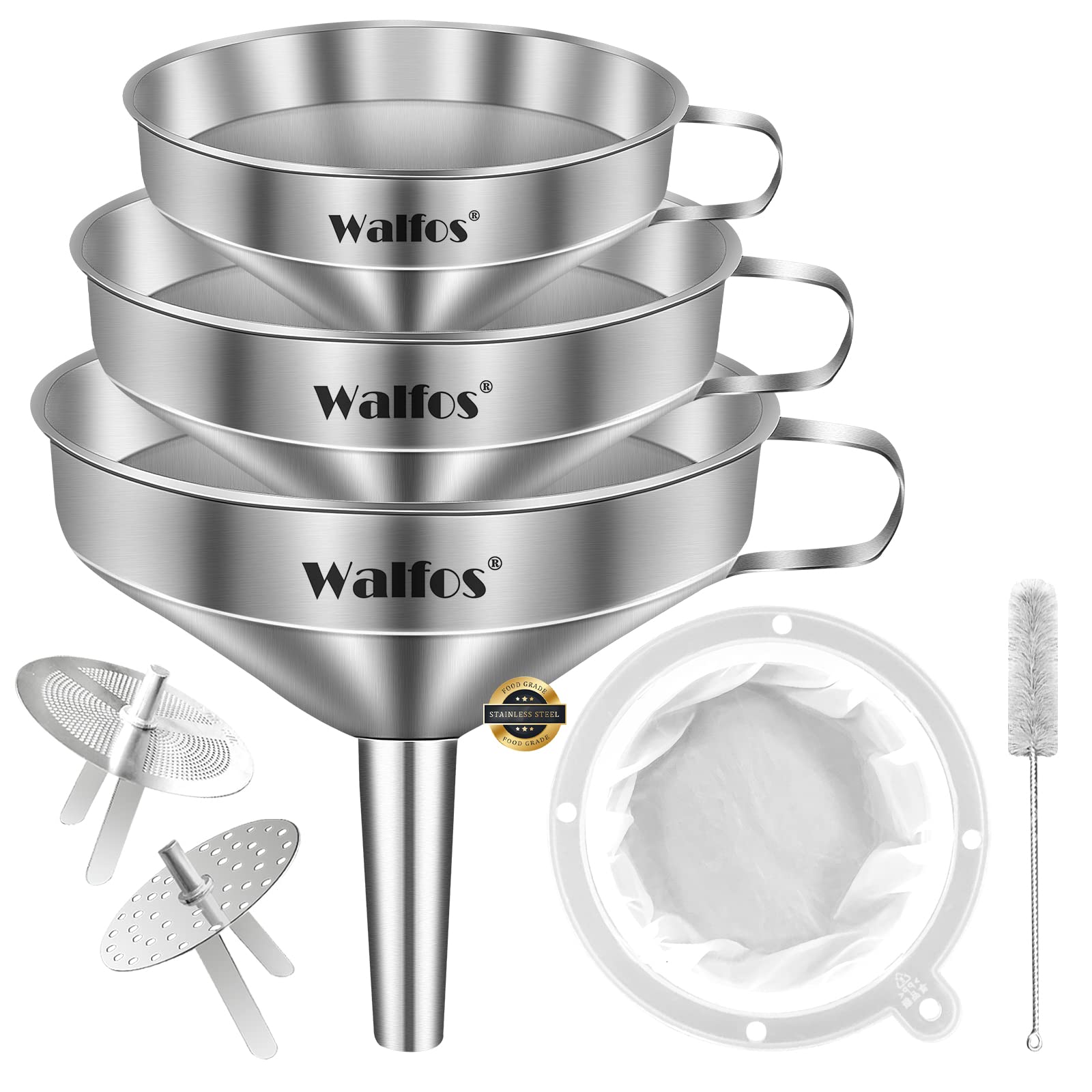 Walfos 3Pcs Kitchen Funnel With 2 Removable Strainer & 1 Cleaning Brush & 1Pc 200 Mesh Food Filter Strainer, Food Grade Stainles
