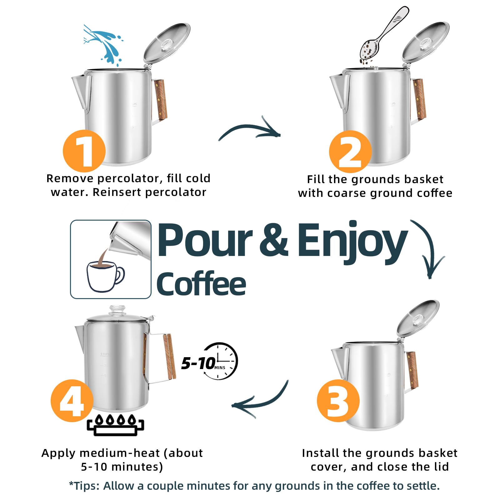 MEREZA 9 Cup Stainless Steel Camping Coffee Pot - Stovetop Percolator for Outdoors & Home