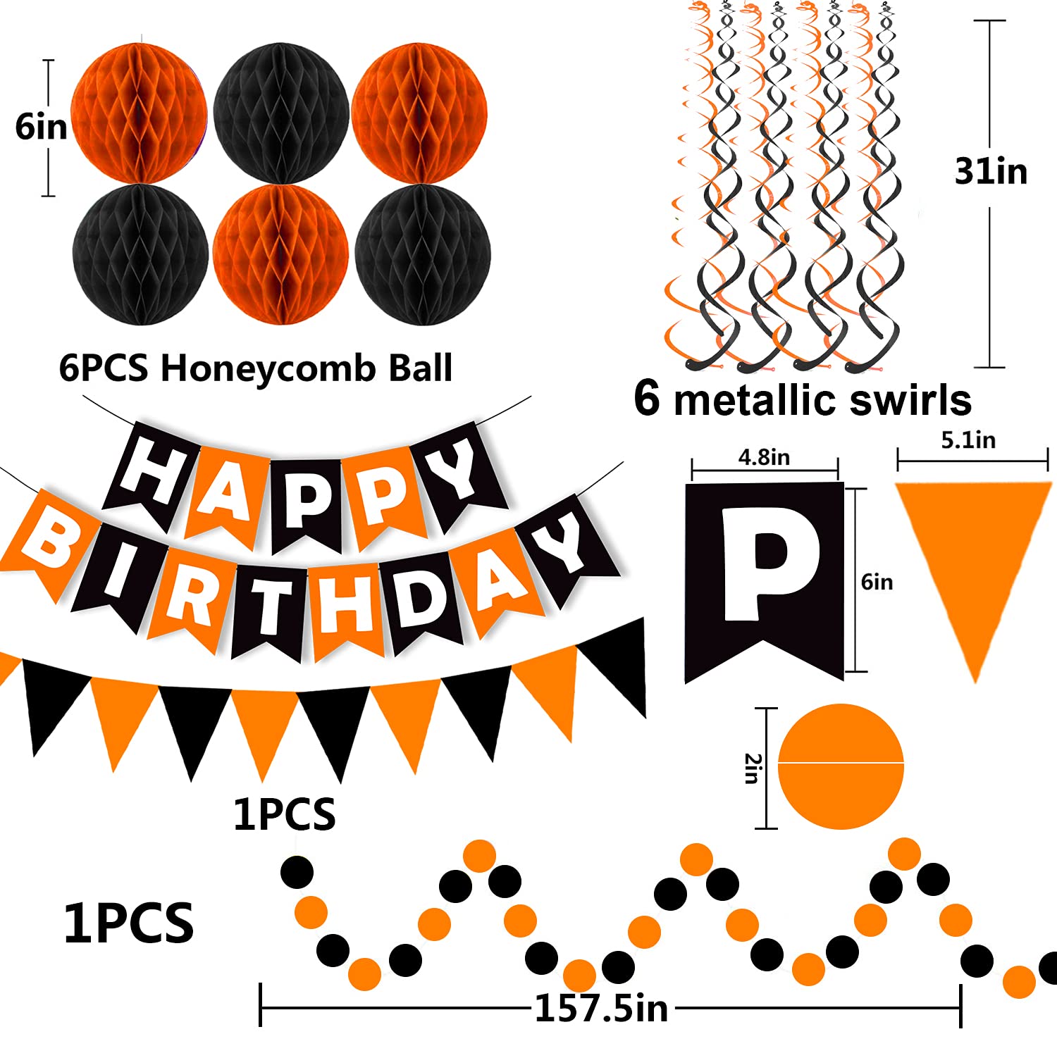 Fecedy Black Orange Happy Birthday Banner Paper Triangle Flag Bunting Circle Confetti Dots Hanging Garland And Honeycomb Ball Sw