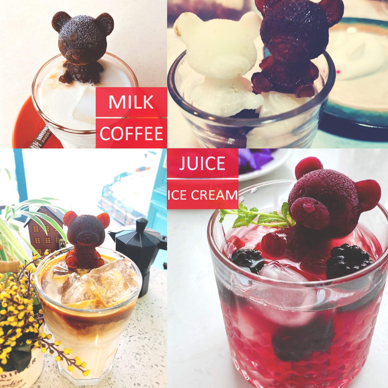 Whaline 2Pcs 3D Teddy Bear Ice Silicone Molds Ice Cube Trays Mold Silicone Animal Mold Soap Candle Mold Ice Cube For Coffee Milk
