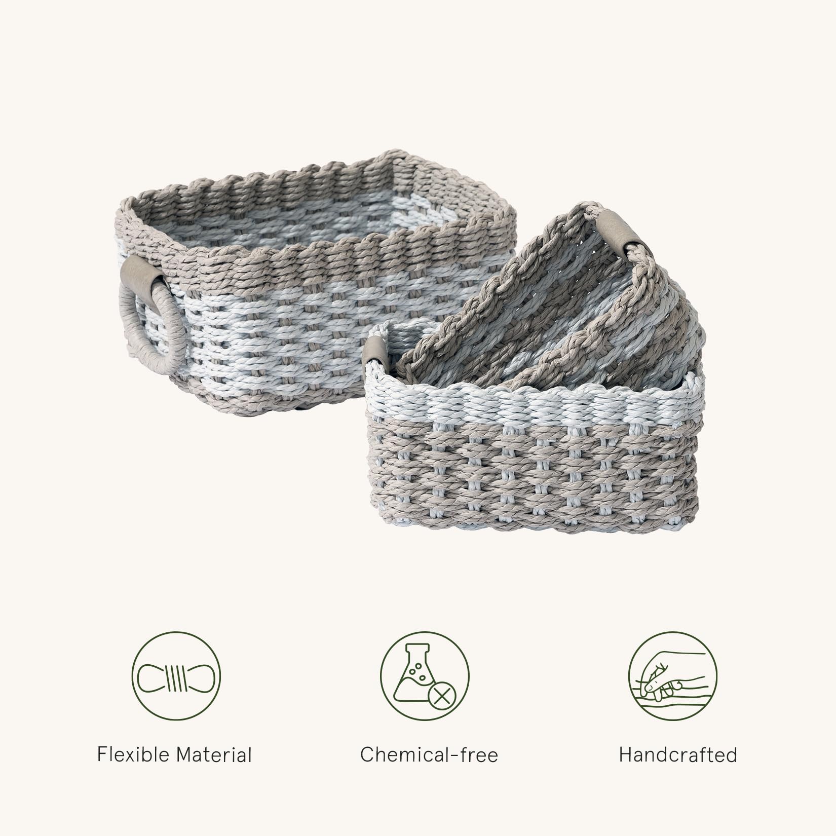 La Jolie Maison Small Light Blue And Gray Wicker Baskets Set Of 3, Paper Rope Storage Baskets With Handle, Small Woven Baskets F