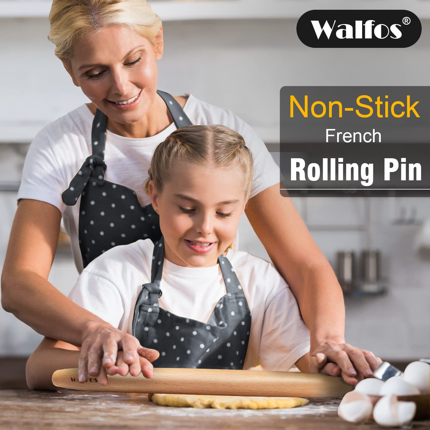 WALFOS French Rolling Pin Roller for Baking Pizza Dough  Pie and Cookie Beech Wood(15.7 Inch)