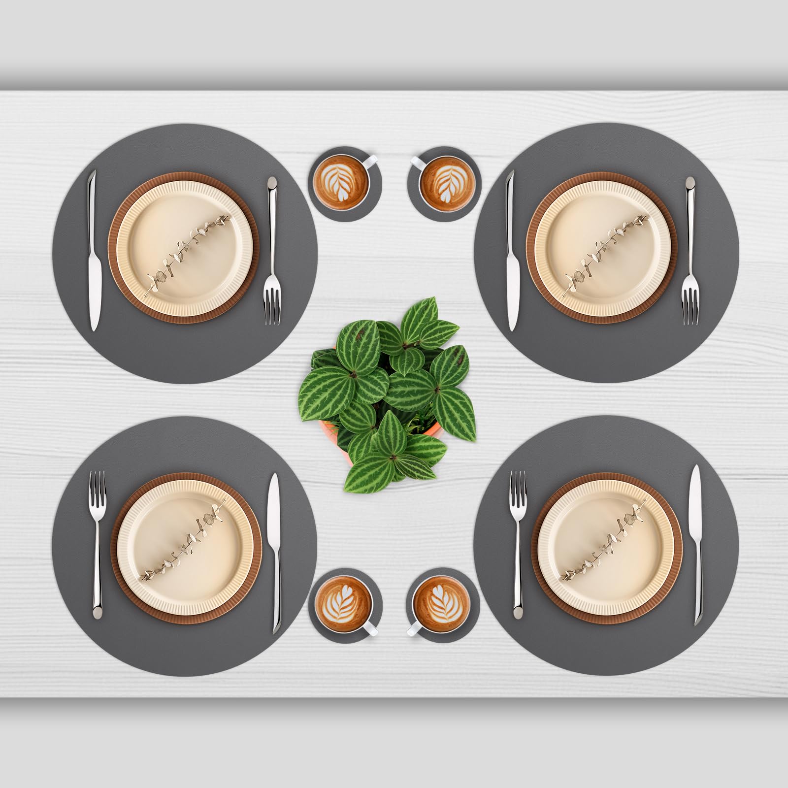 Myir Jun Round Table Placemats Set Of 4 Faux Leather Place Mats And Coasters 15 Inch Dual Sided Non-Slip Stain Resistant (Gray 0