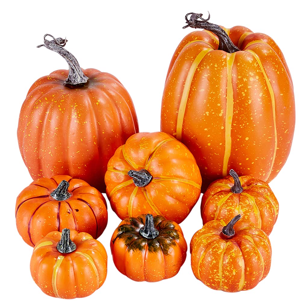 Artmag 8 Pcs Assorted Sizes Harvest Orange Artificial Pumpkins for Fall Halloween Thanksgiving Decorating Embellishing and Displ