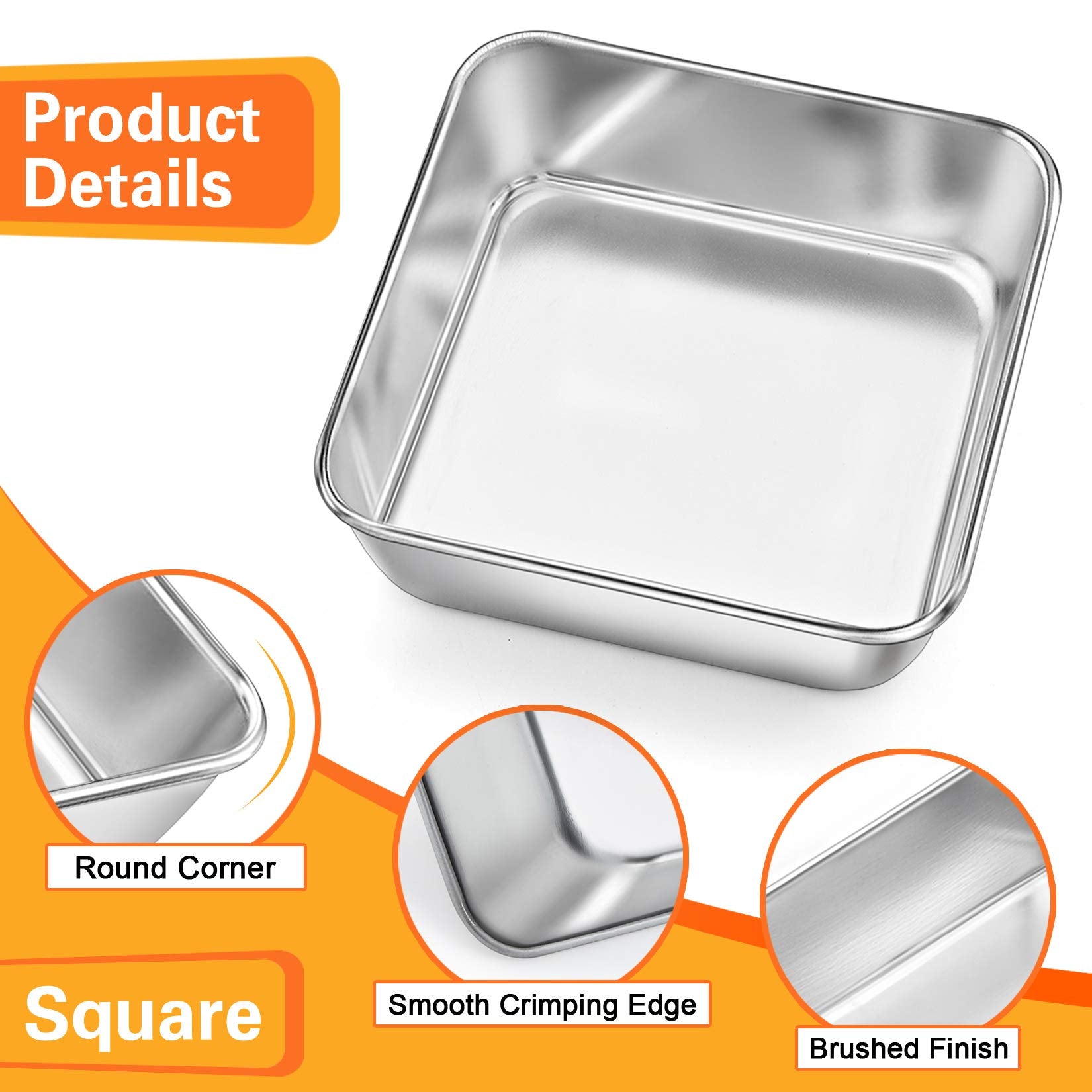 P&P Chef 6 Inch Square Cake Baking Pans (2 Pcs), Stainless Steel Lasagna Brownie Pan For Small Birthday Cake Bread Pie, Leakproo