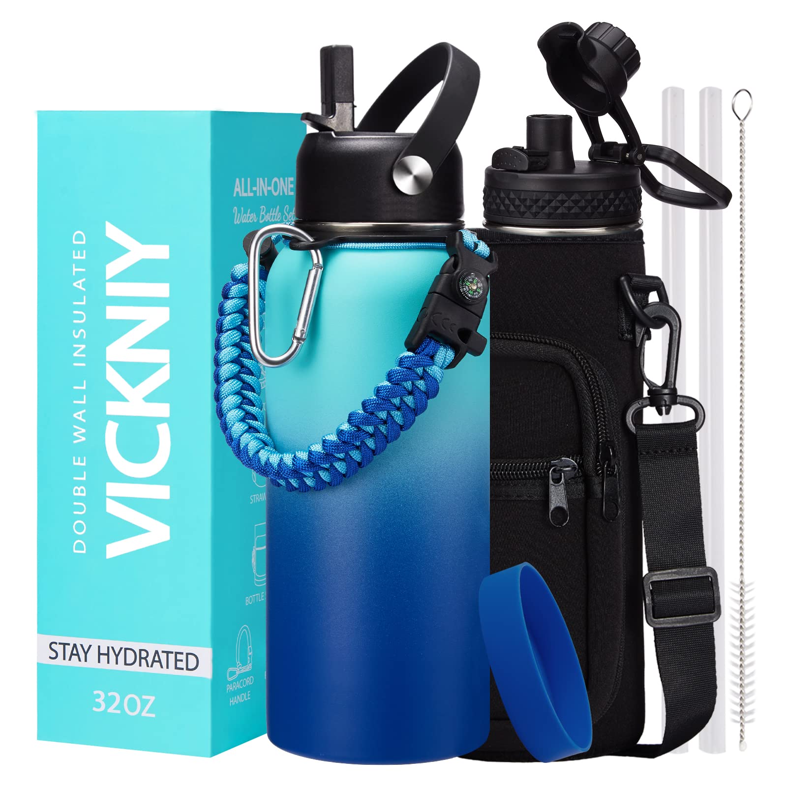 32Oz/40Oz/64Oz Insulated Water Bottles - Vacuum Double Walled Cold-48H Hot-24H, Water Bottle W/Straw & Chug Lid, Paracord Handle