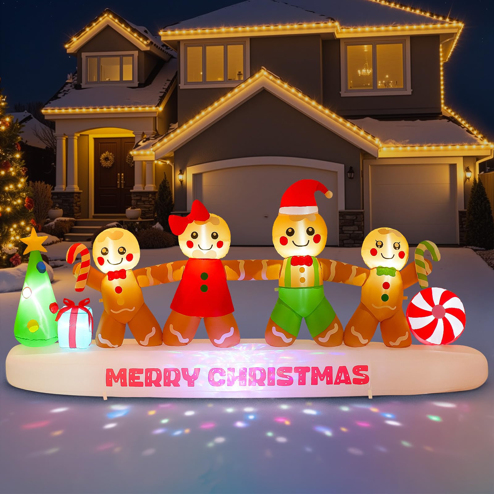 CACIRAL 10 FT Long Gingerbread Family Christmas Inflatable Outdoor Decoration, Gingerbread Man Inflatable Holding Hands with Bui