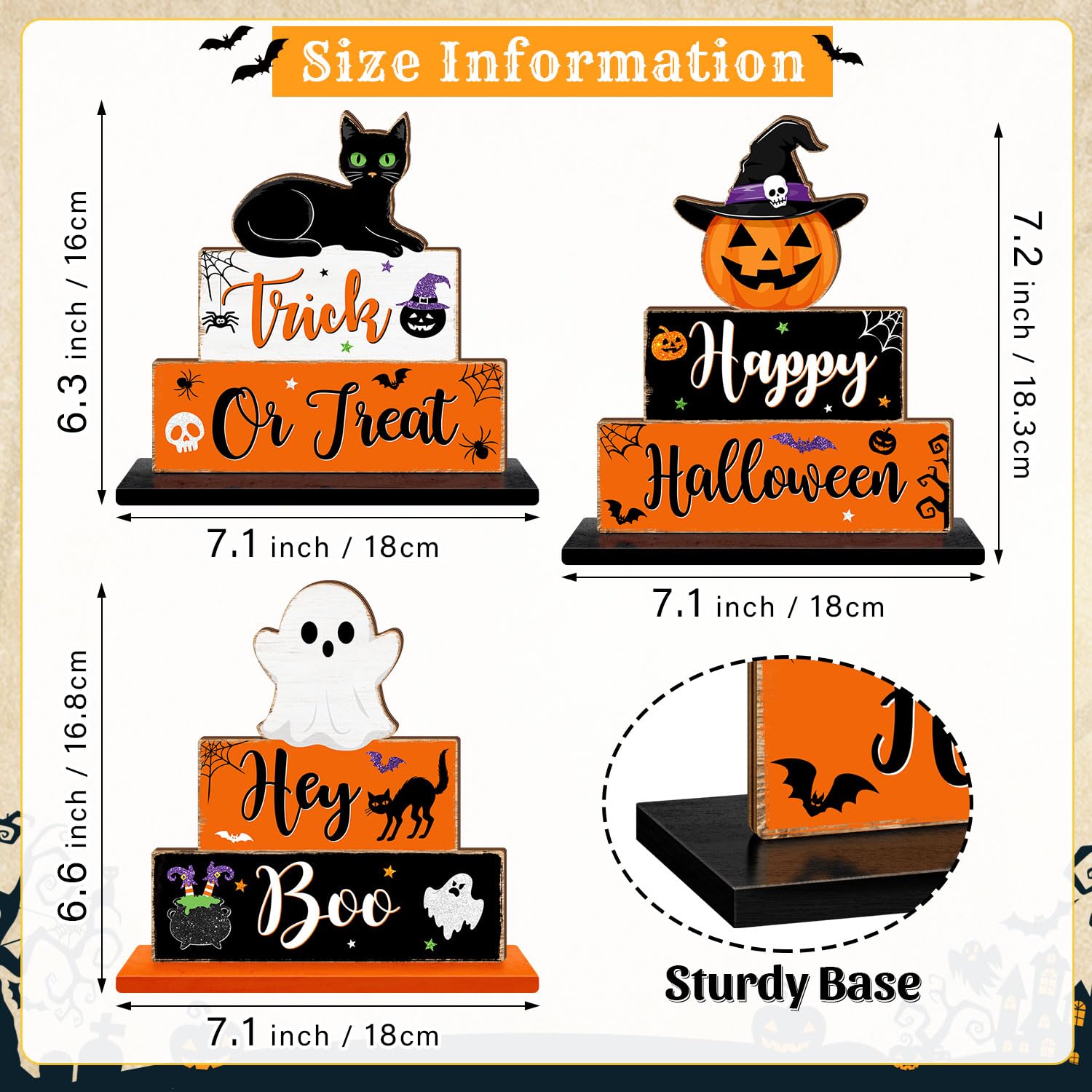 Halloween Table Signs Decorations, 3 PCS Ghost Pumpkin Bat Black Cat Wooden Table Decor, Boo Spooky Happy Halloween Rustic Signs