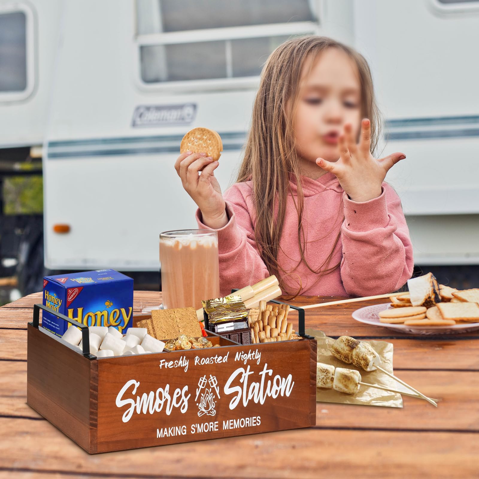 Wooden S mores Station, S mores Caddy Bar Holder with Handles for Counter, Farmhouse Smores Serving Tray for Kitchen, Smores Mak