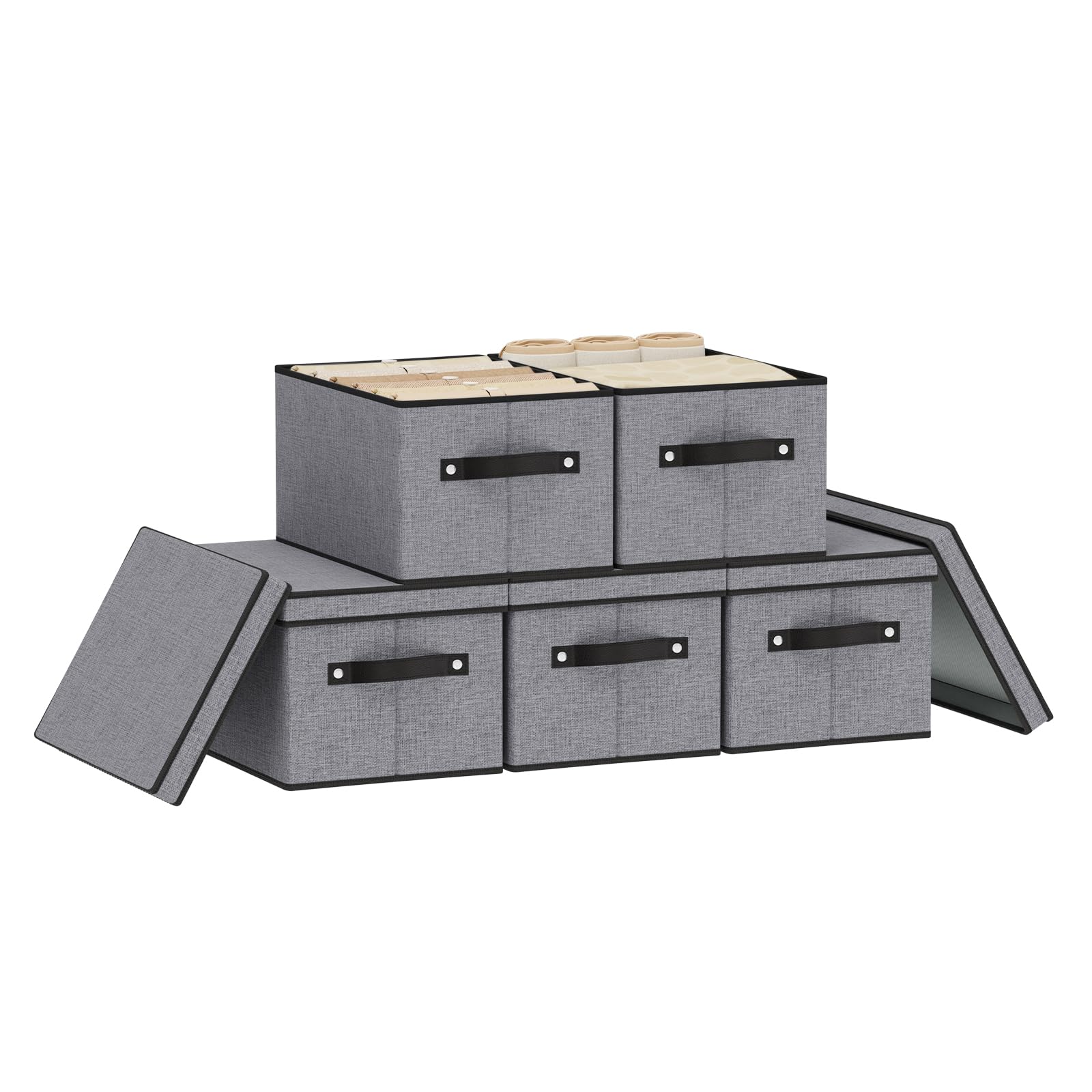 YheenLf Fabric Storage boxes Storage Baskets for Shelves with Lids  Fabric Storage Bins with Handles  Decorative Linen Closet Organizers Boxes  Small  Gray  5-Pack
