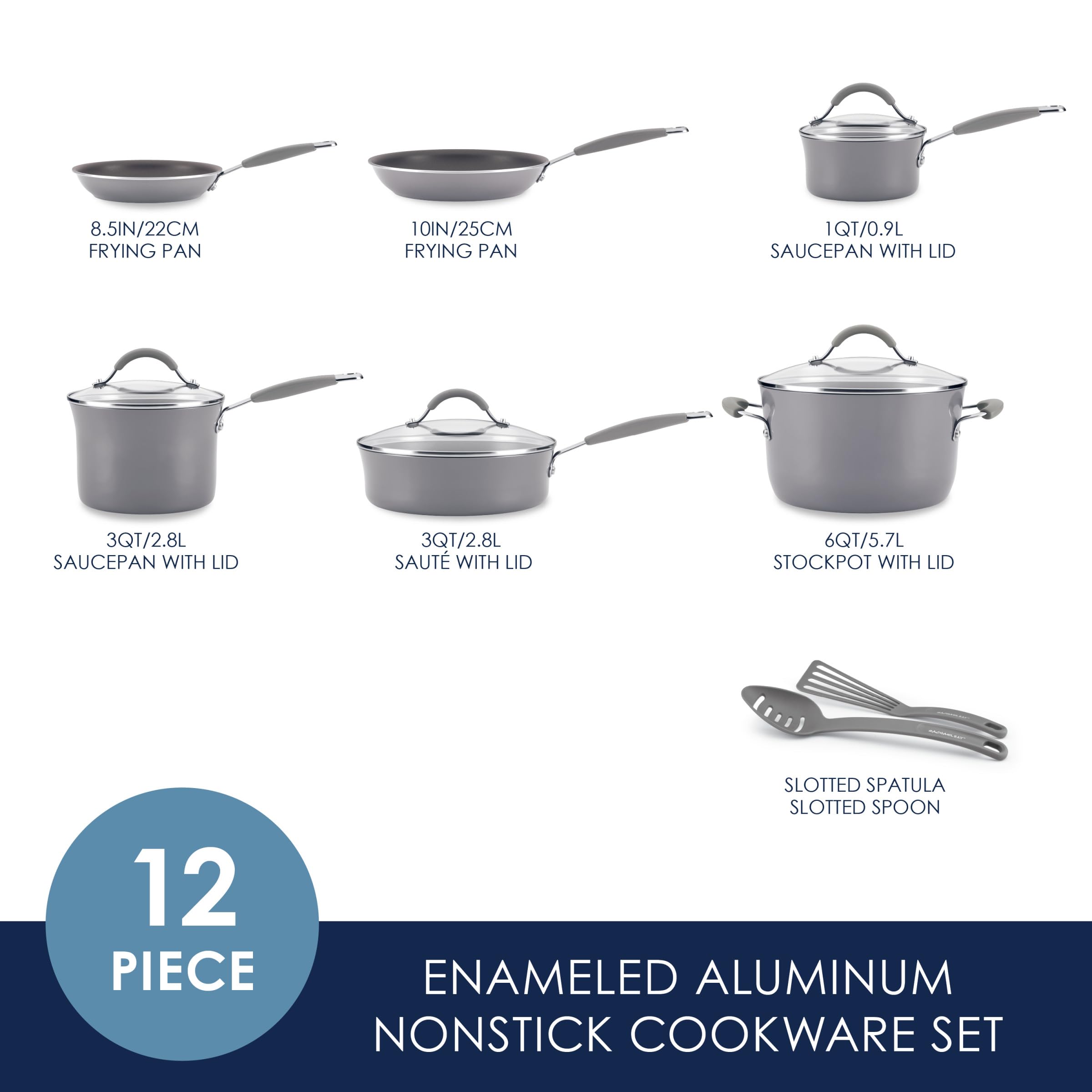 Rachael Ray - 16802 Rachael Ray Cucina Nonstick Cookware Pots and Pans Set, 12 Piece, Sea Salt Gray