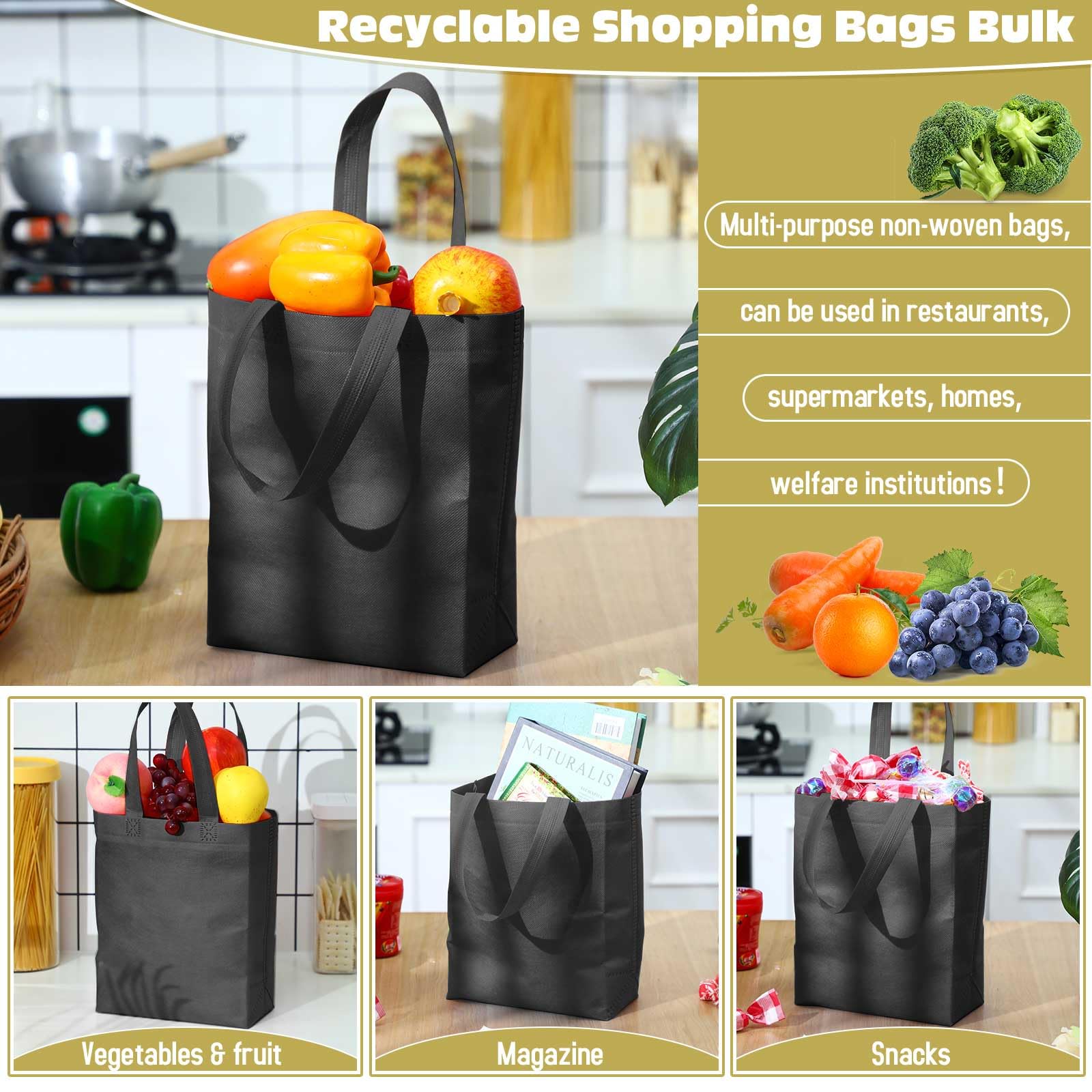 Windyun 50 Pcs Reusable Tote Bag Bulk 8 x 4 x 10 Inch Non Woven Shopping Bag with Handle Christmas Reusable Grocery Gift Tote(Bl