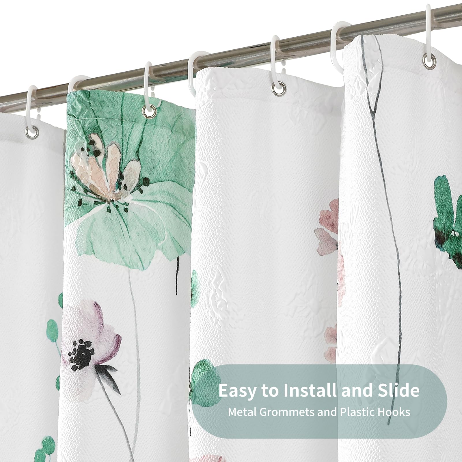 Qiyi Watercolor Floral Shower Curtain, 3D Embossed Butterflies Sage Green Flower Bathroom Curtain, Minimalist White Cloth Bath C