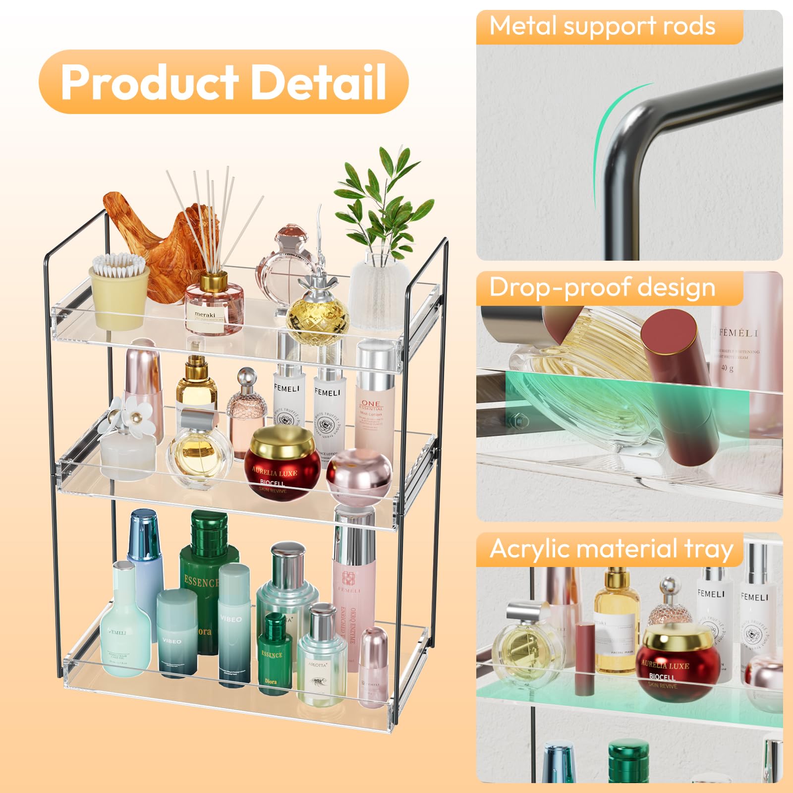 NPPLUS Bathroom Countertop Organizer  3 Tier Metal Vanity Counter Skincare Shelf  Matte Black Under Sink with Acrylic Tray  Home Storage Holder for Makeup Cosmetics Perfume Spice Black+Clear