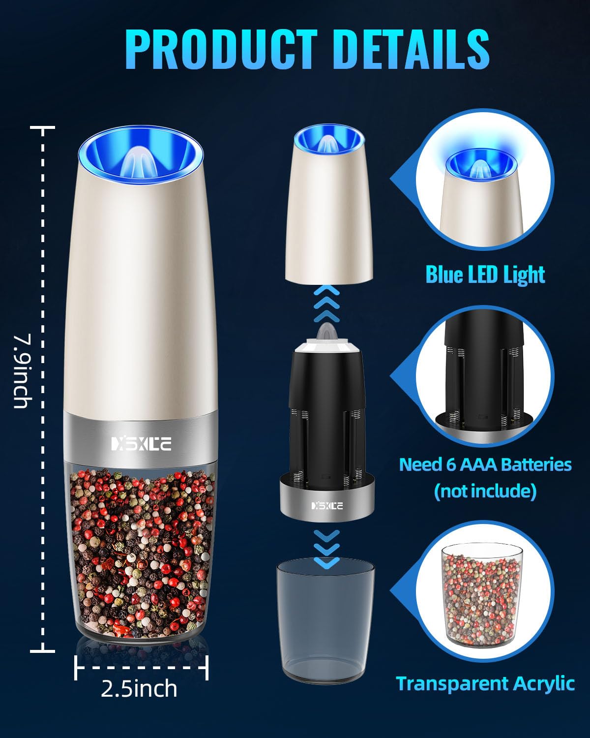 XinXu Gravity Electric Pepper and Salt Grinder Set, Adjustable Coarseness, with LED Light, One Hand Automatic Operation (Set/Kha