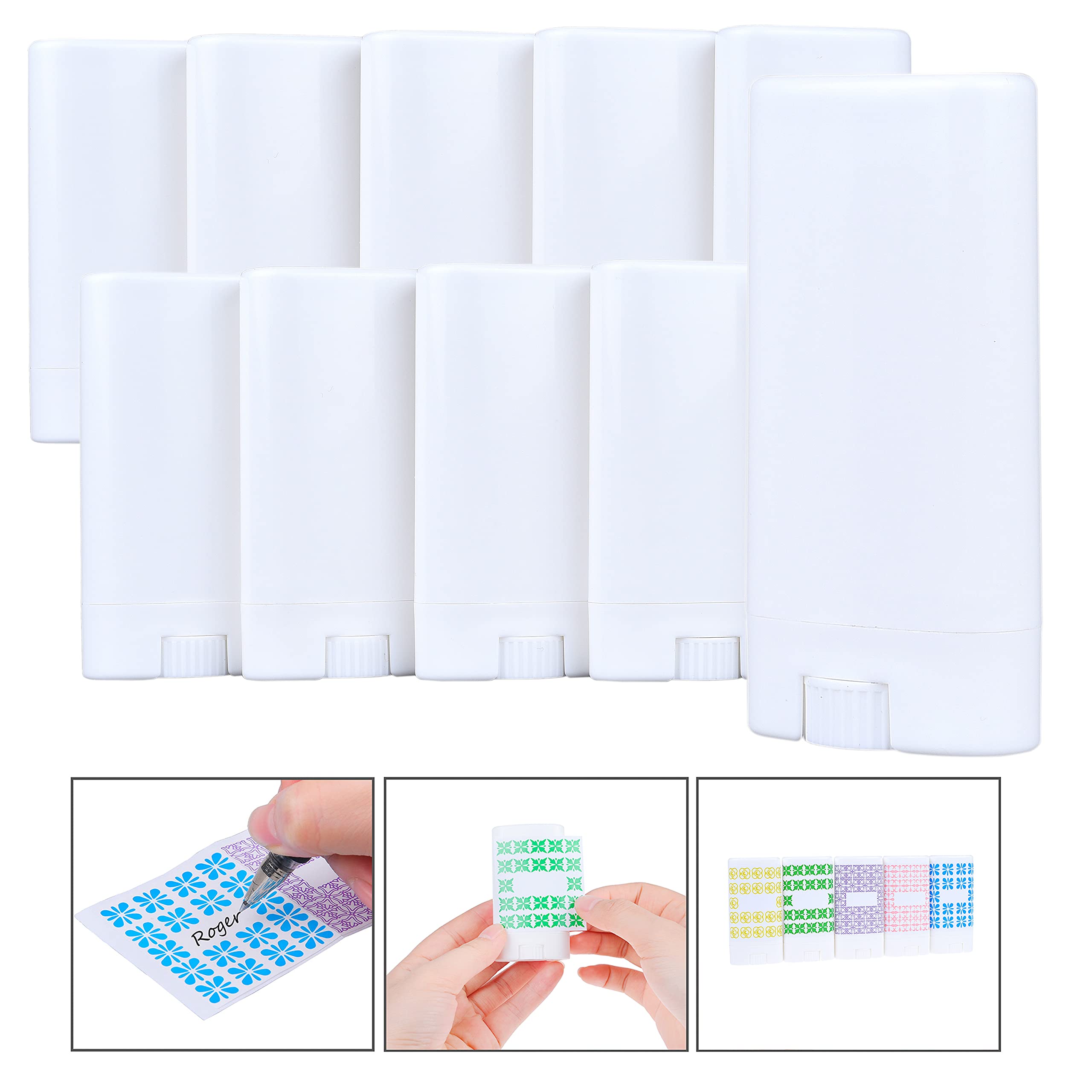 Deodorant Containers (10-Pack) - White - 0.5 Oz (15 Ml) - 20 Writable Stickers - Twist Mechanism And Cap - Empty - Refillable Co