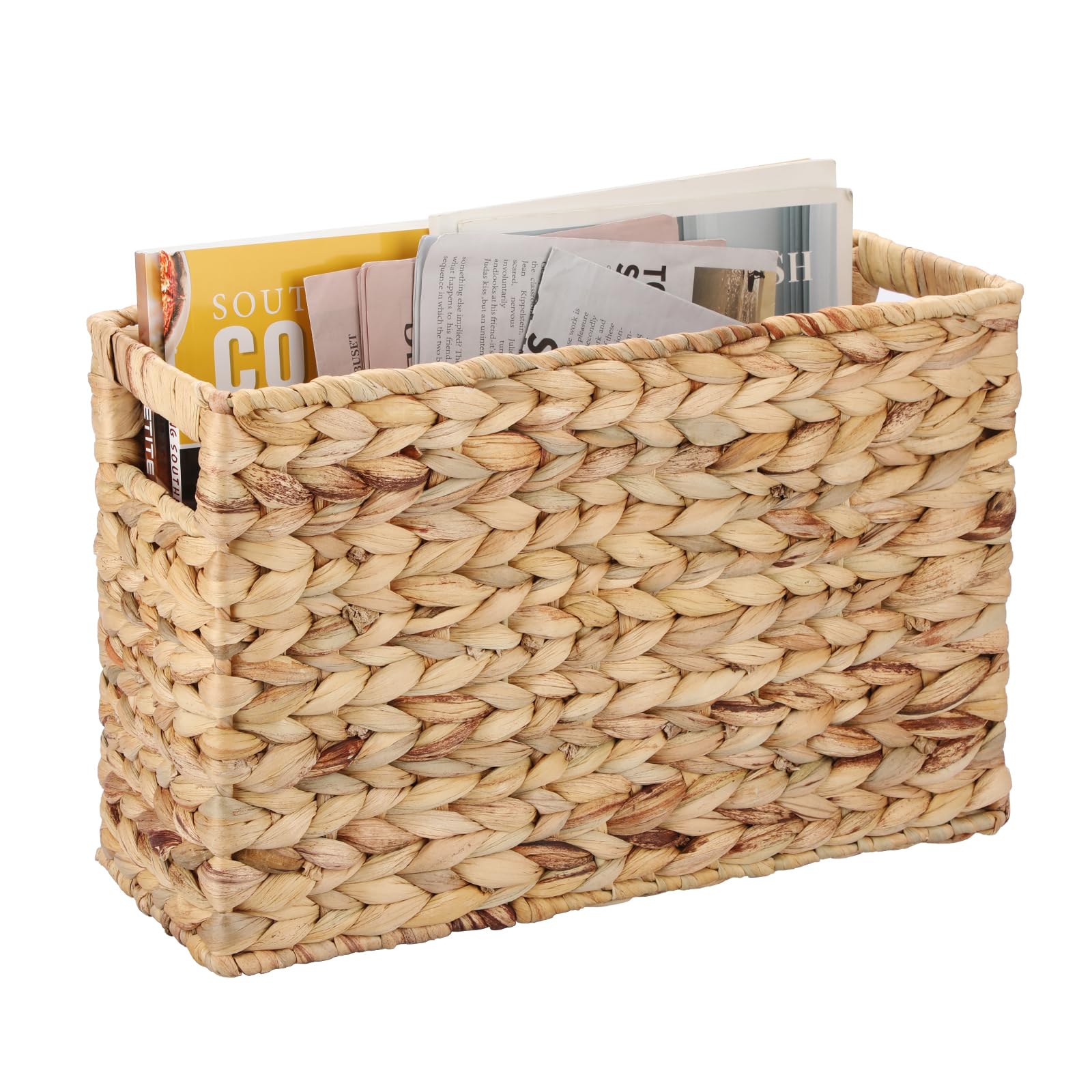 BTSKY Woven Magazine Holder, Water Hyacinth Magazine Basket, Natural Narrow Storage Basket Bin for Books & Files, Magazine Rack 