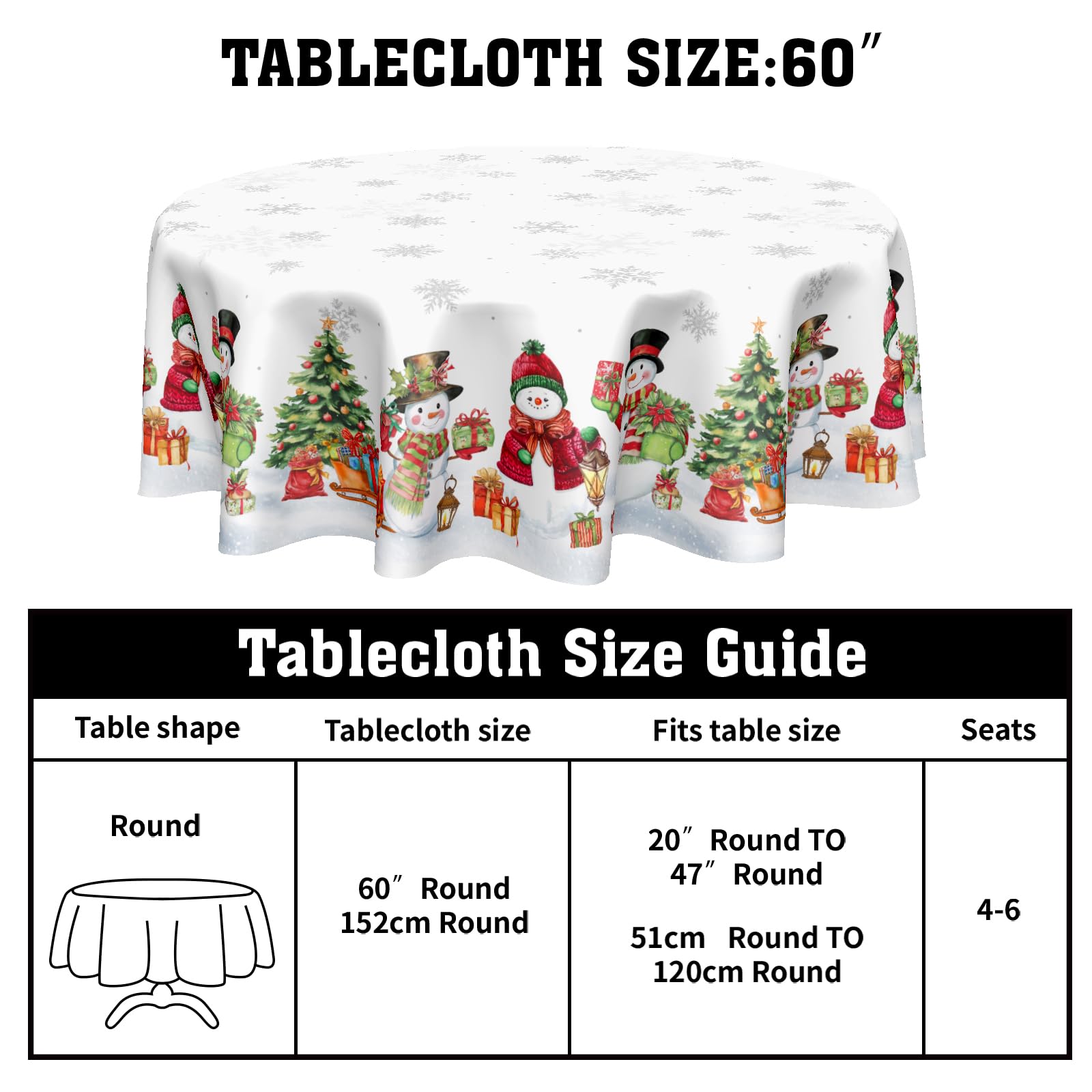 ABSOP Christmas Snowflake Round Tablecloth White Tablecloth 60 Inch Xmas Snowman Pattern Circle Table Cloth Winter Holiday Table
