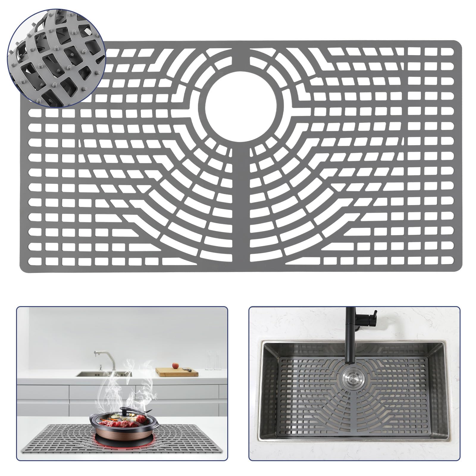 Snuggery Silicone Sink Protector 26?14 Rear Drain Hole, Heat Resistant Non-slip Dishwasher Suitable, Large Sink Mat for Bottom o