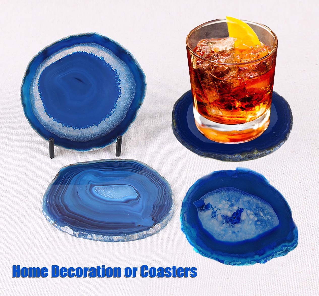 Amoystone Natural Stone Coasters Set Of 4 Blue Agate Crystal Coasters 3-3.5'' For Drinks Slice Coaster Cup Mat Beverage Mother G