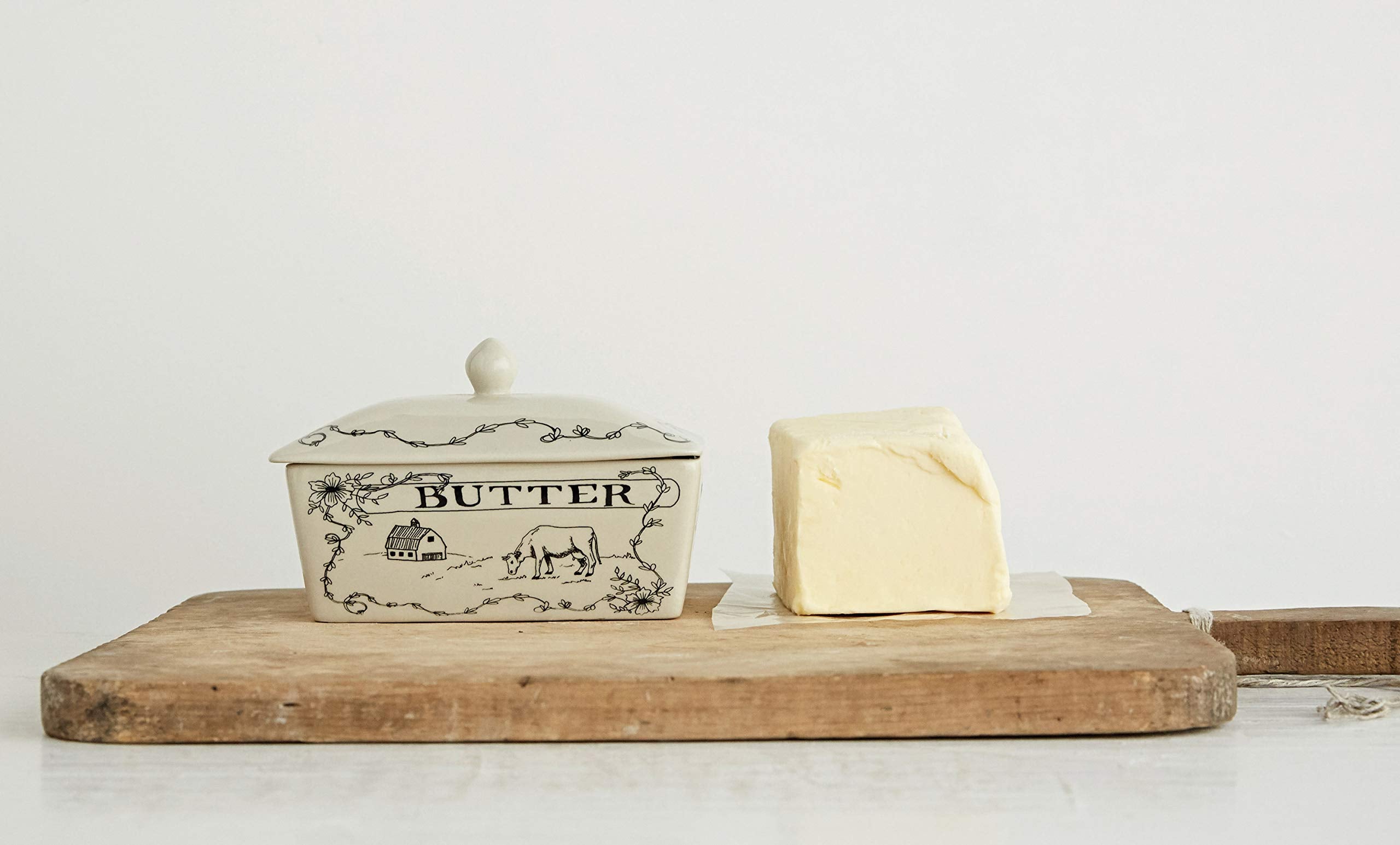 Creative Co-Op Country Stoneware Butter Dish With Lid, ''Spread The Love'' Message, And Farm Line Drawing, White And Black