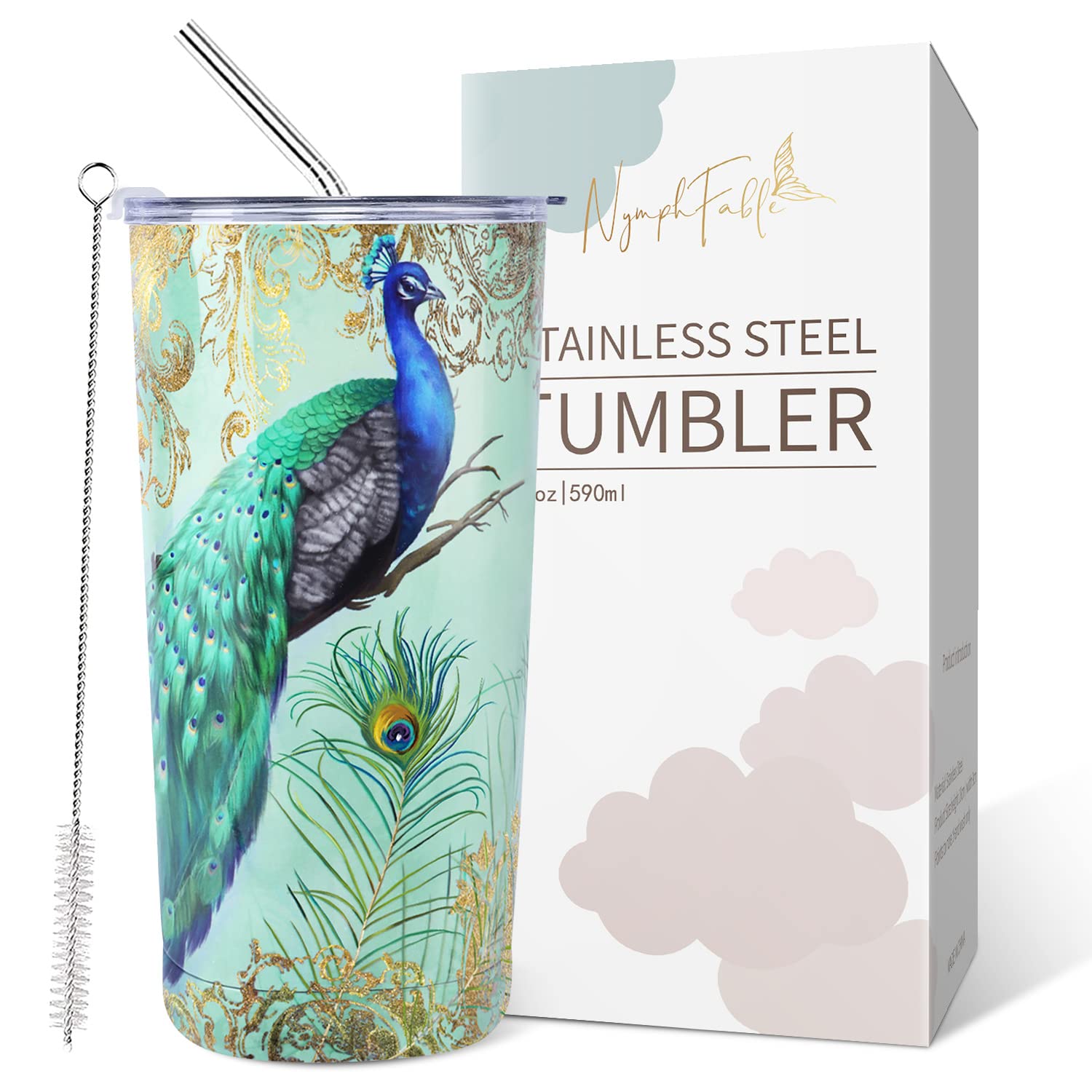Nymphfable 20Oz Peacock Mug Tumbler With Straw And Lid Stainless Steel Insulated Travel Mug Double Wall