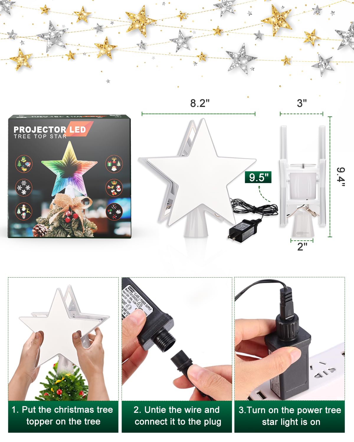 Kesfitt Christmas Tree Topper, Dynamic Tunnel Mirror Colorful Light Star Topper with 6 Projection Modes, Tree Topper Lighted 3D