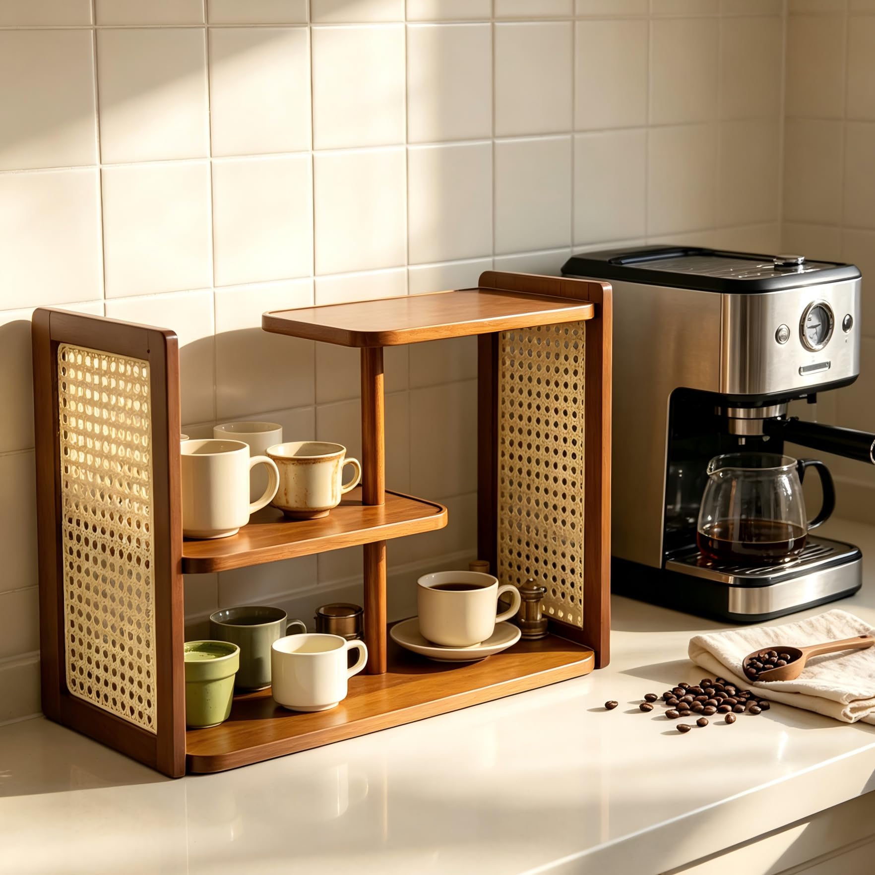 Divsvid 3 Tier Coffee and Matcha Station Shelf, Kitchen Countertop Storage for Coffee Beans Filters Matcha Tools Cups Mugs, Perf