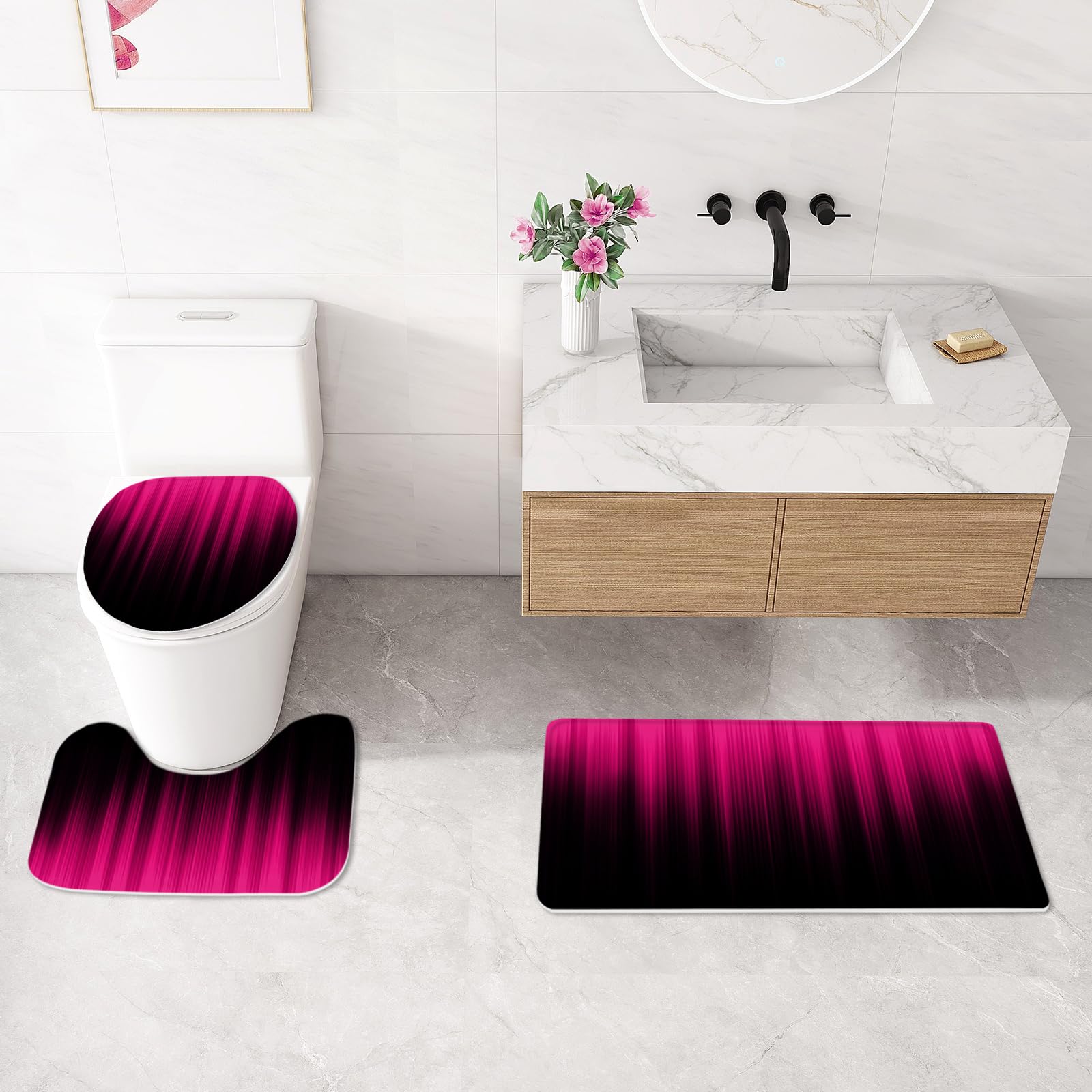 Litabel 4 Pcs Hot Pink And Black Gradient Shower Curtain Set With Rugs And Toilet Lid Cover, Modern Simple Waterproof Fabric Bat