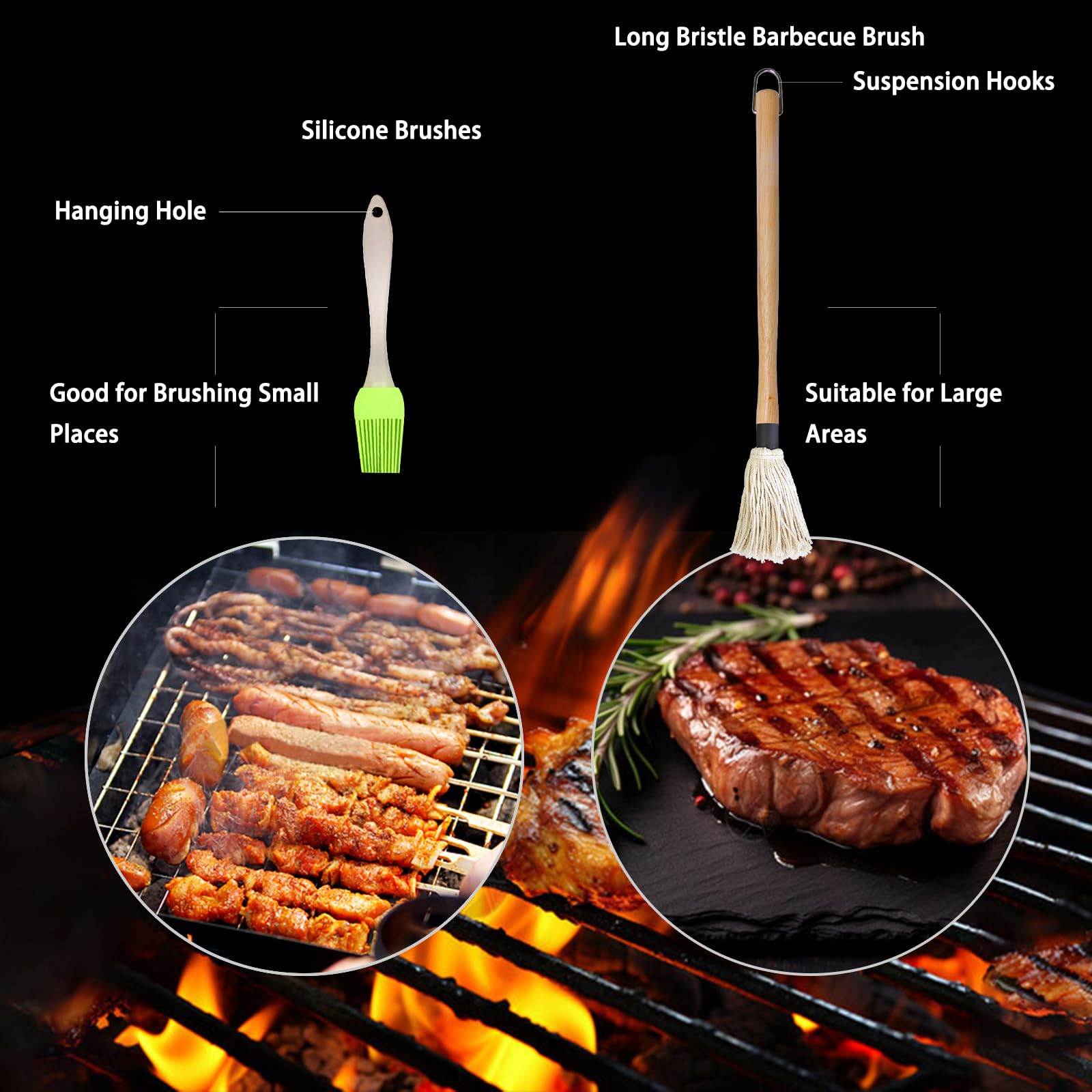 Bbq Mop Brush And Cast Iron Sauce Pot Set, 11-In-1 Value Pack Includes 2Pcs Wooden Long Handle, 6 Brush Heads, 1 Cast Iron Bbq P