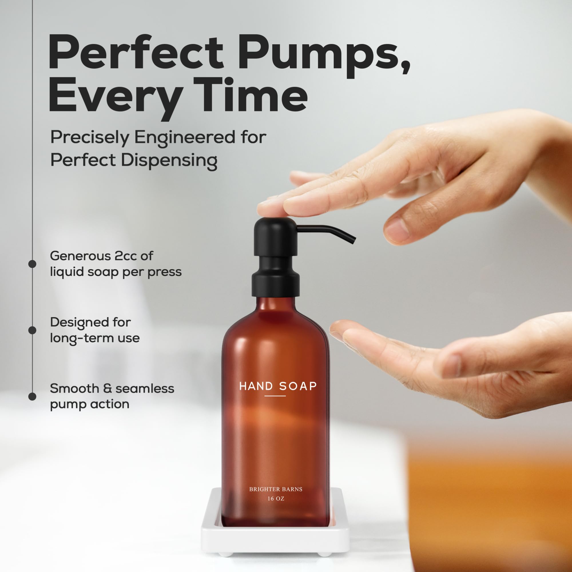 Amber Glass Soap And Lotion Dispenser Set With Tray By Brighter Barns - Hand Soap Dispenser Bathroom Set & Stainless Steel Pump