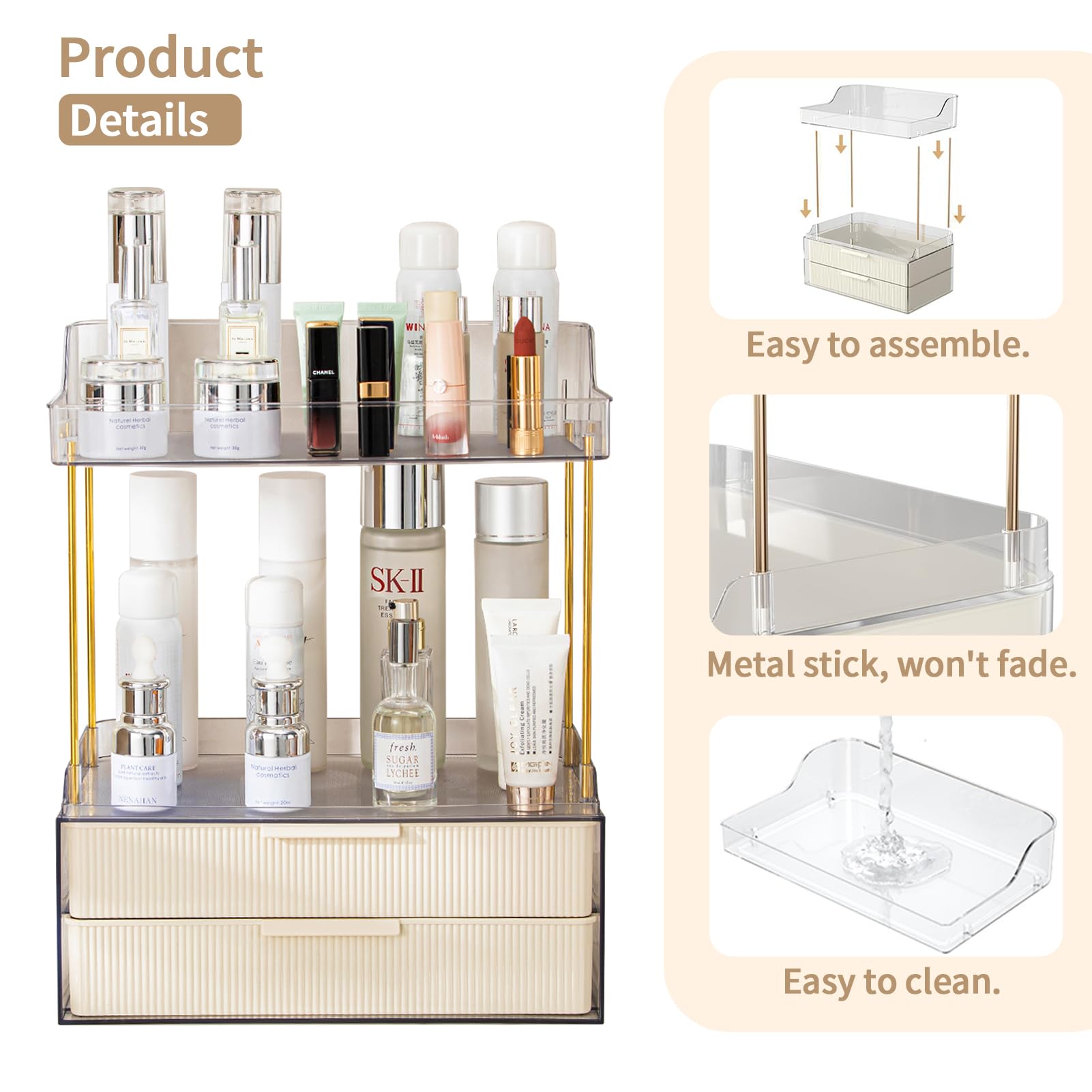 Shuang Qing 2-Tier 2-Drawer Bathroom Countertop Organizer, Skin Care Large Organizer, Multi-Purpose Makeup Storage Rack For Vani