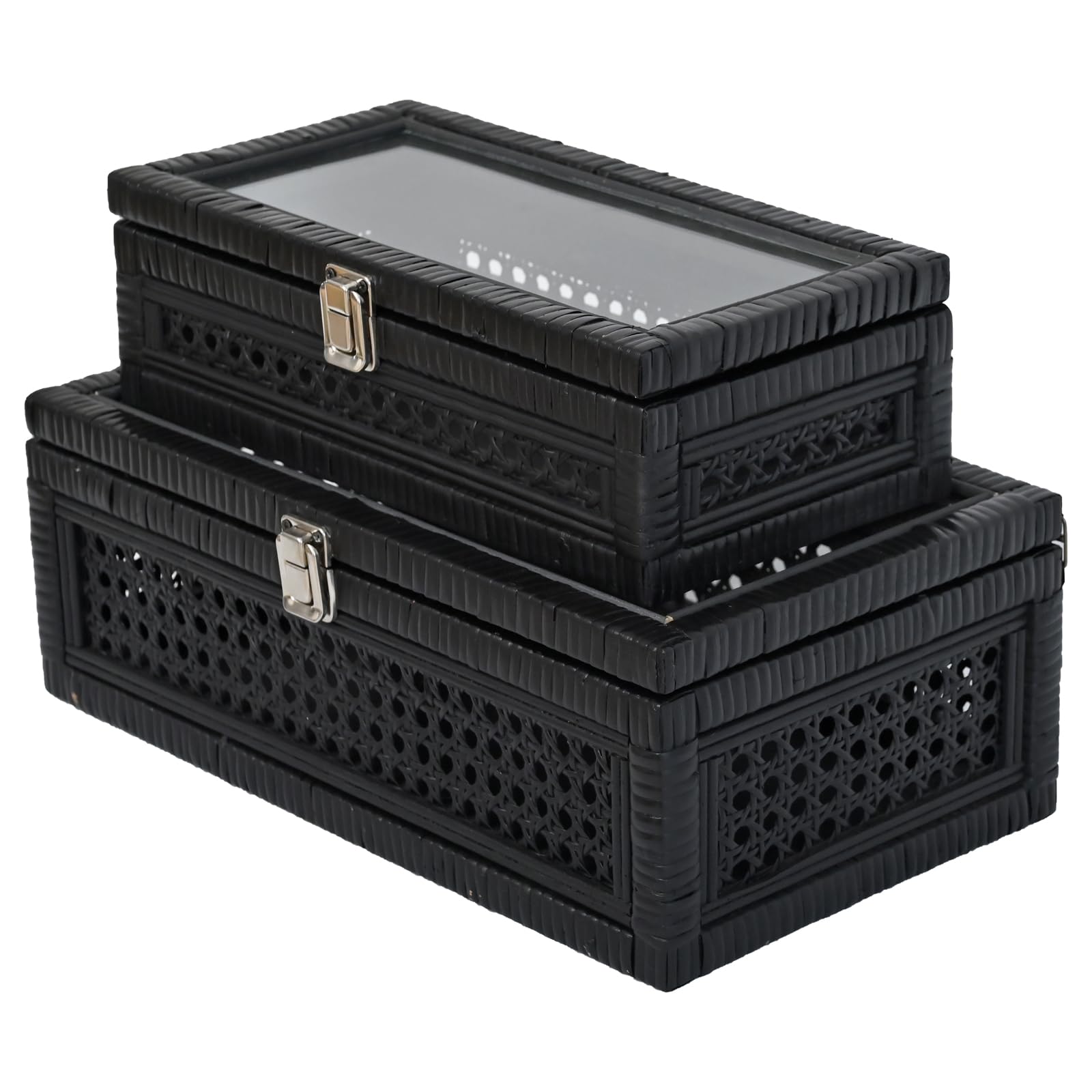 DECOR4SEASON Cane and Rattan Decorative Storage Boxes with Lids - Elegant Set of 2, Stacking Boxes with Glass Top, Handcrafted R