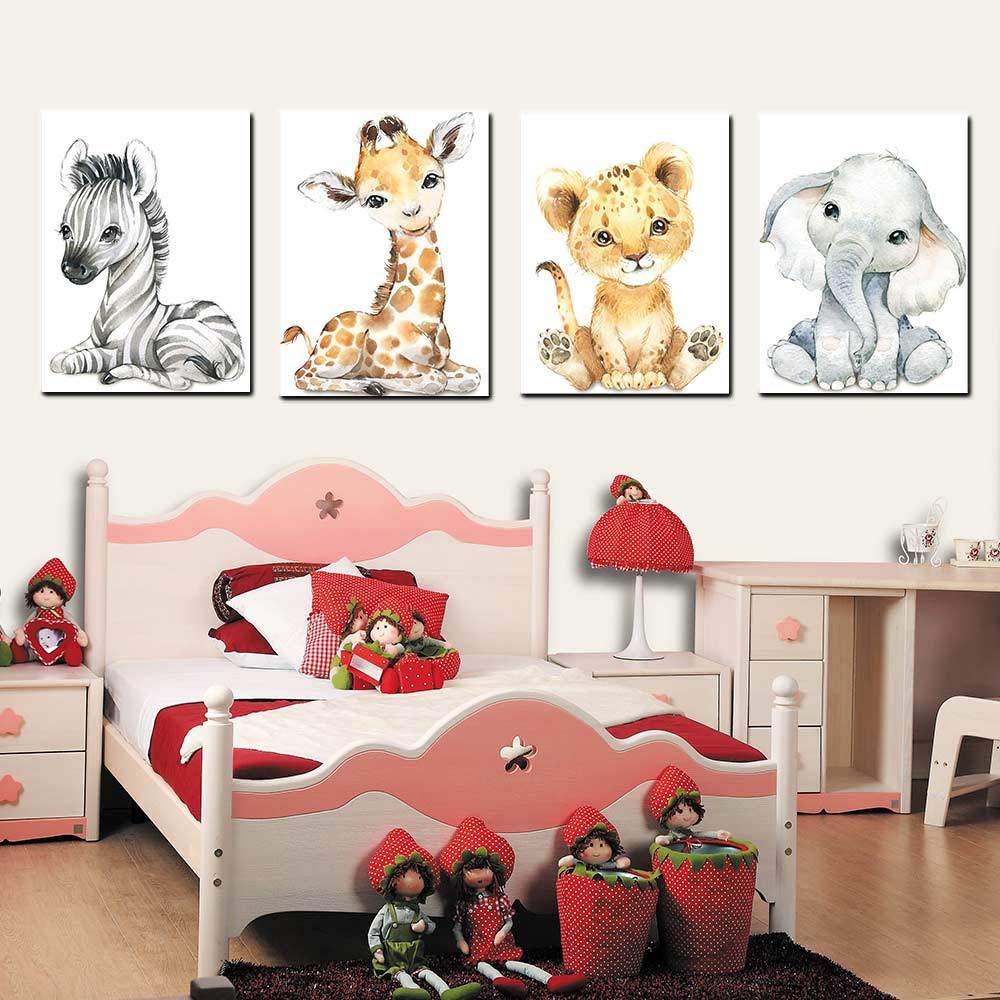 Baby Watercolor Animals Wall Art Prints Set Of 4 (8X10,Unframed),Tiger Elephant Zebra Giraffe Safari Animals Pictures Nursery De