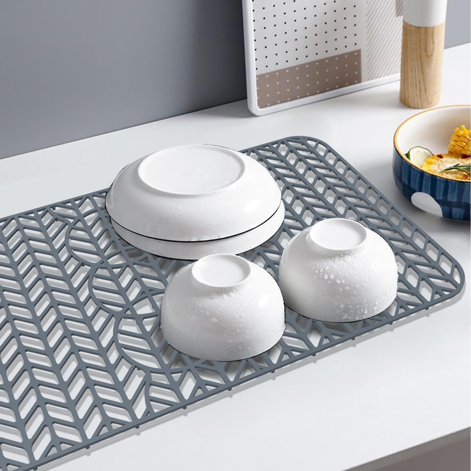 GUUKIN Sink Protectors for Kitchen Sink - 29.5''x 15'' Silicone Kitchen Sink Mat Grid for Bottom of Farmhouse Stainless Steel Porcelain Sink with 3 Reserved Holes(Grey)