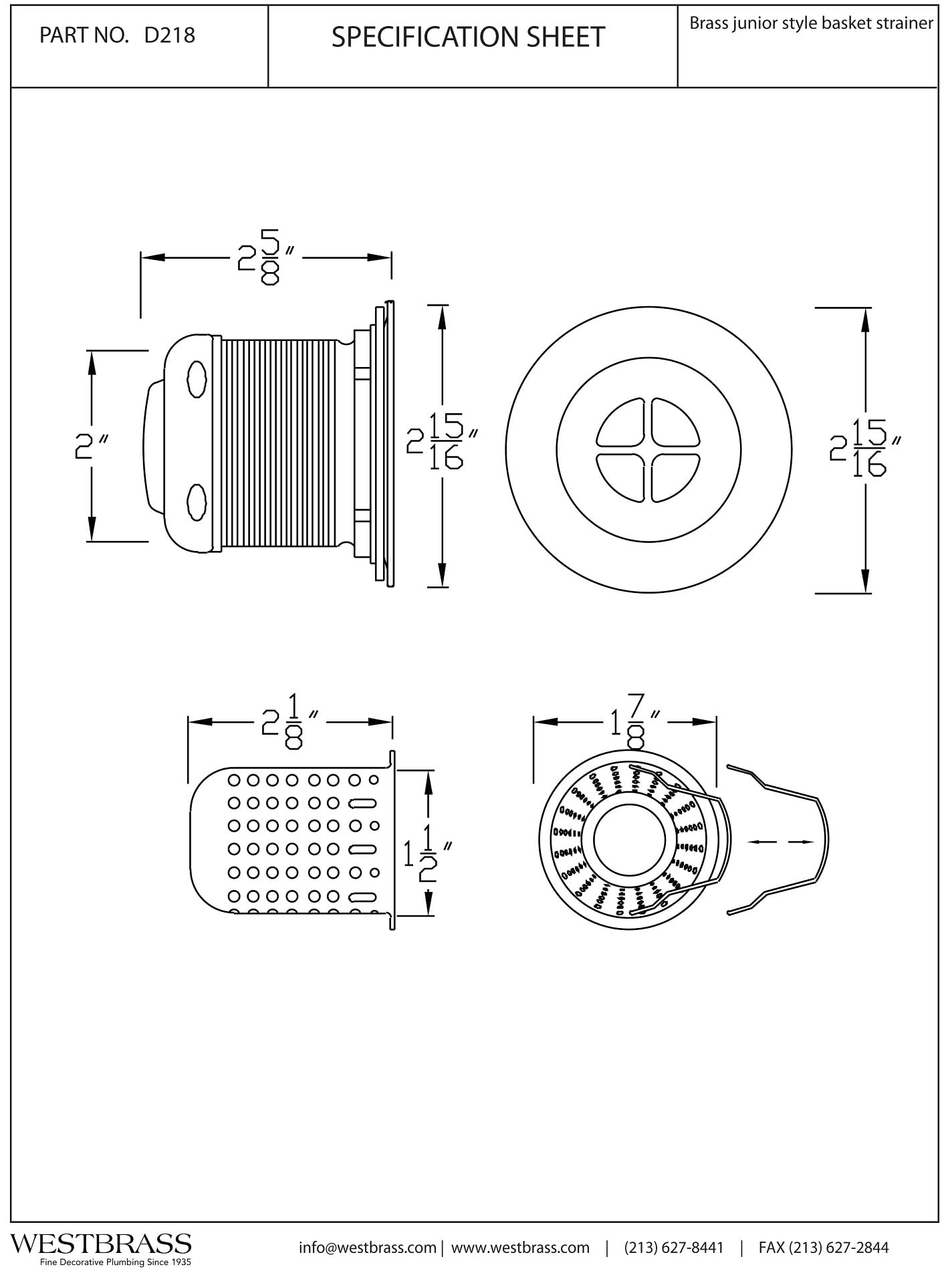 Westbrass Junior Basket Style Bar Sink Strainer  Matte Black  D218-62