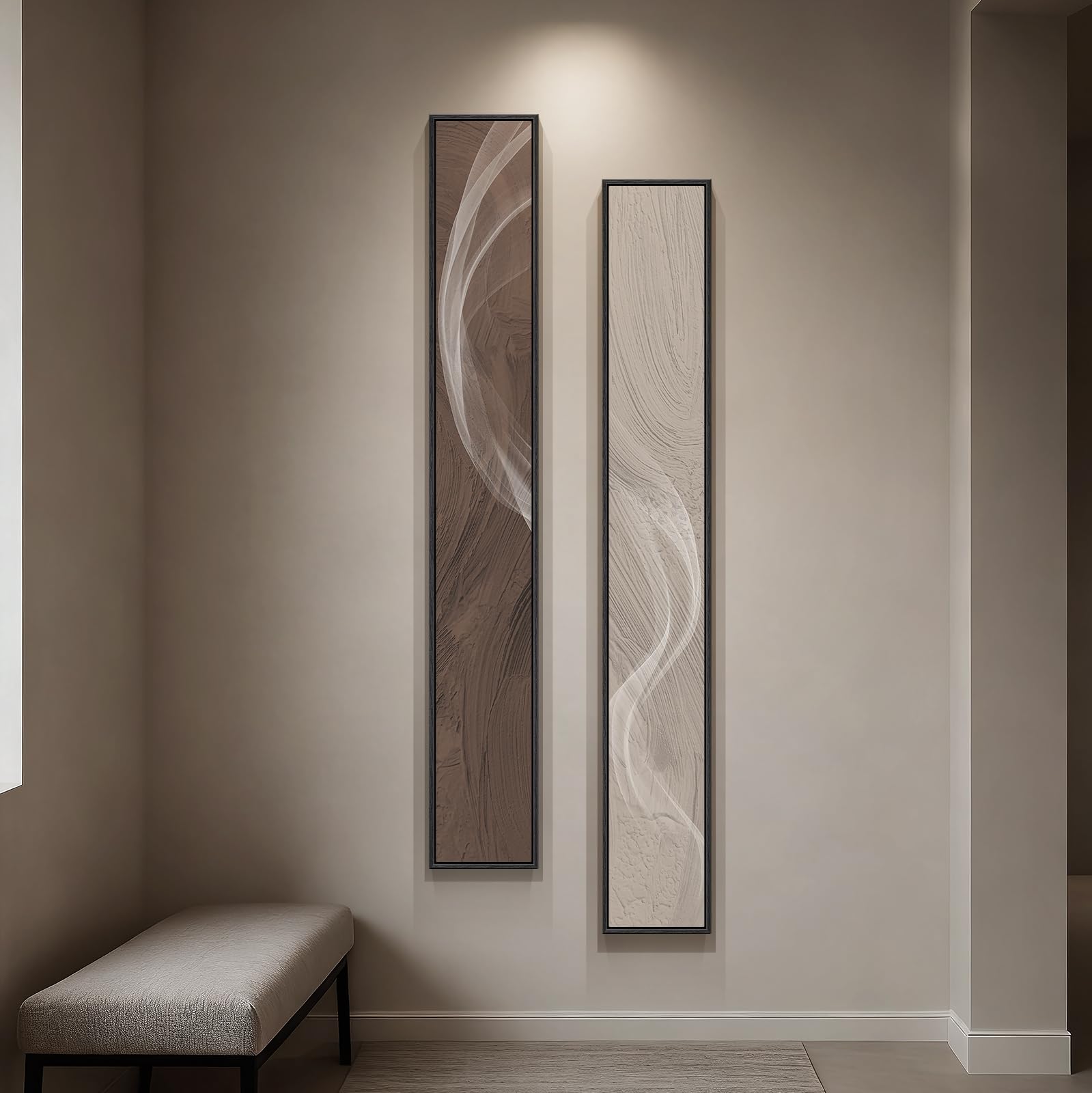 Large Framed Long Narrow Vertical Neutral Abstract Wall Art Set Of 2, Beige Brown Modern Canvas Prints Paintings Artwork For Wal