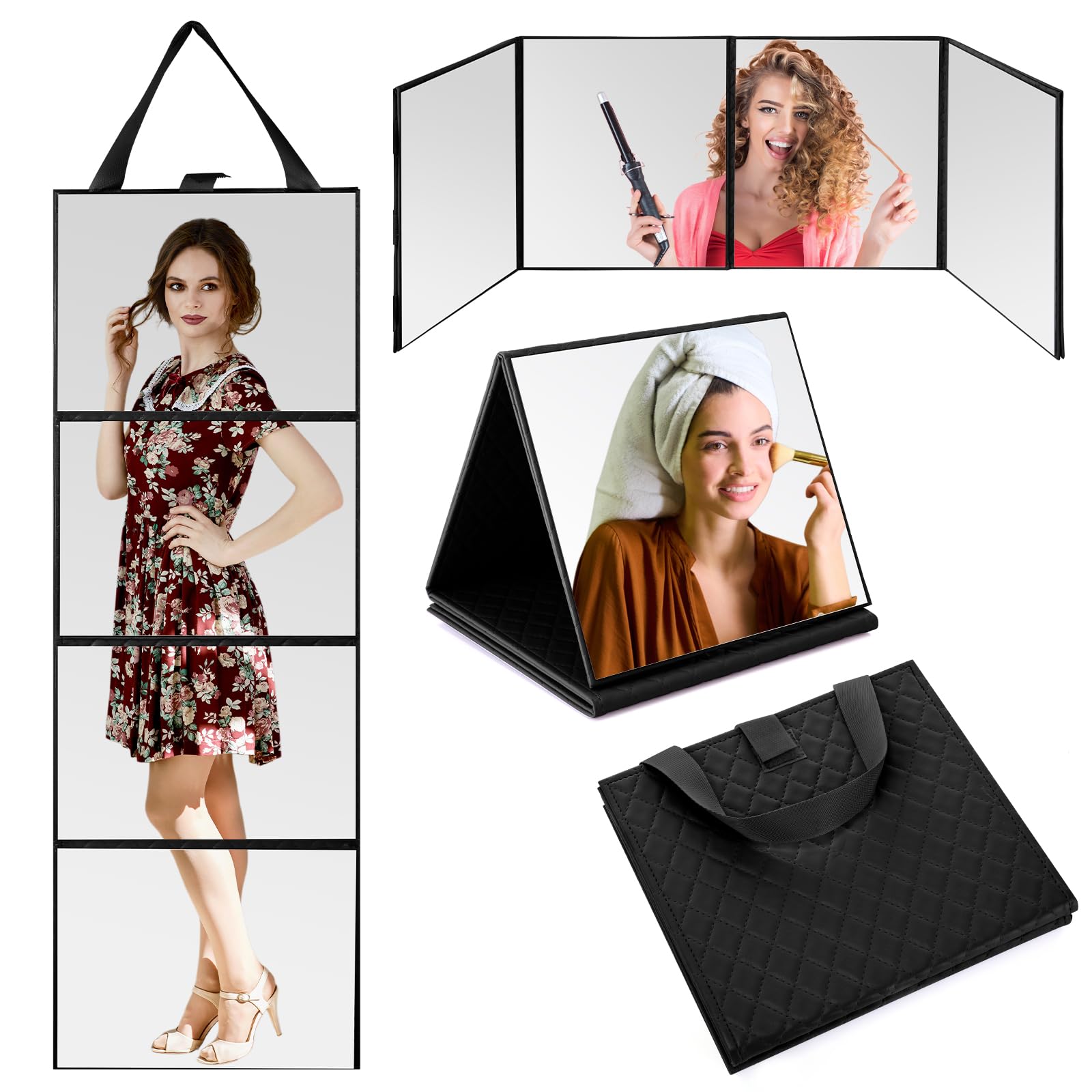Burbell 3 Way Foldable Full Length Mirror With Handle Leather 31.89 X 11.22 Inches Portable Hanging Travel Mirror Rectangular Fo